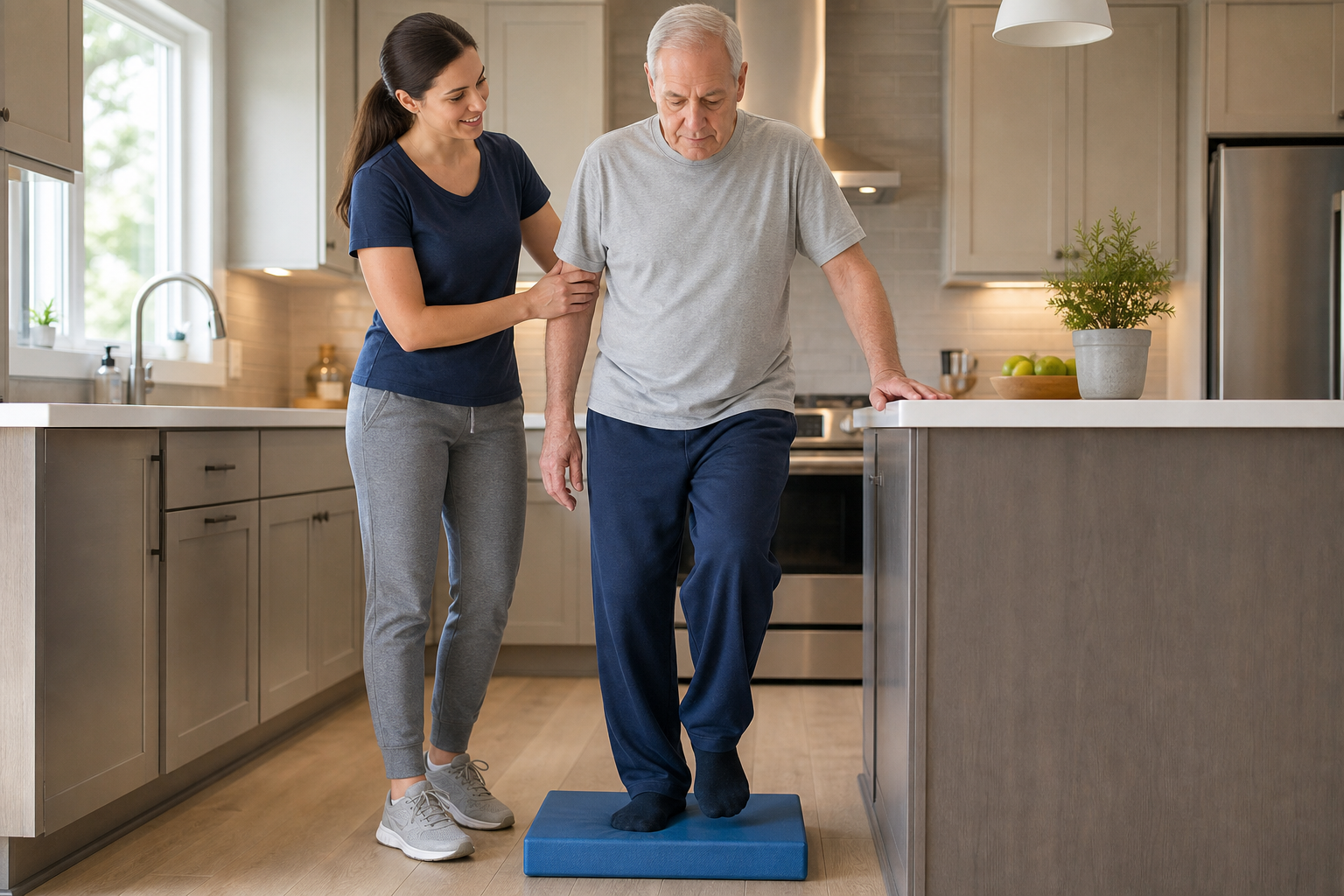 Elderly man stepping onto a foam balance pad in a kitchen while being supervised by a family member for safety
