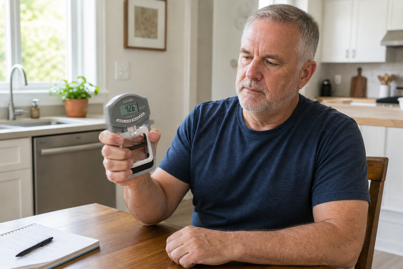 Person squeezing a hand dynamometer to test grip strength at home