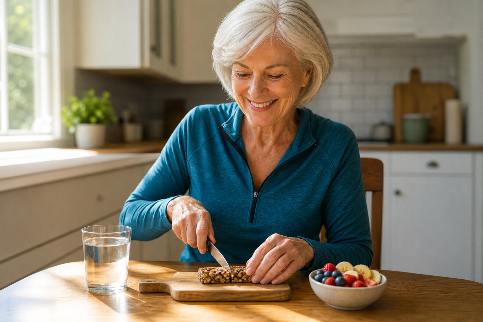 Senior woman portioning a protein bar at her kitchen table with fruit and water nearby