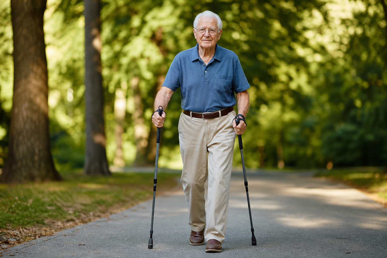 Elderly man using walking poles on a park path demonstrating improved stability