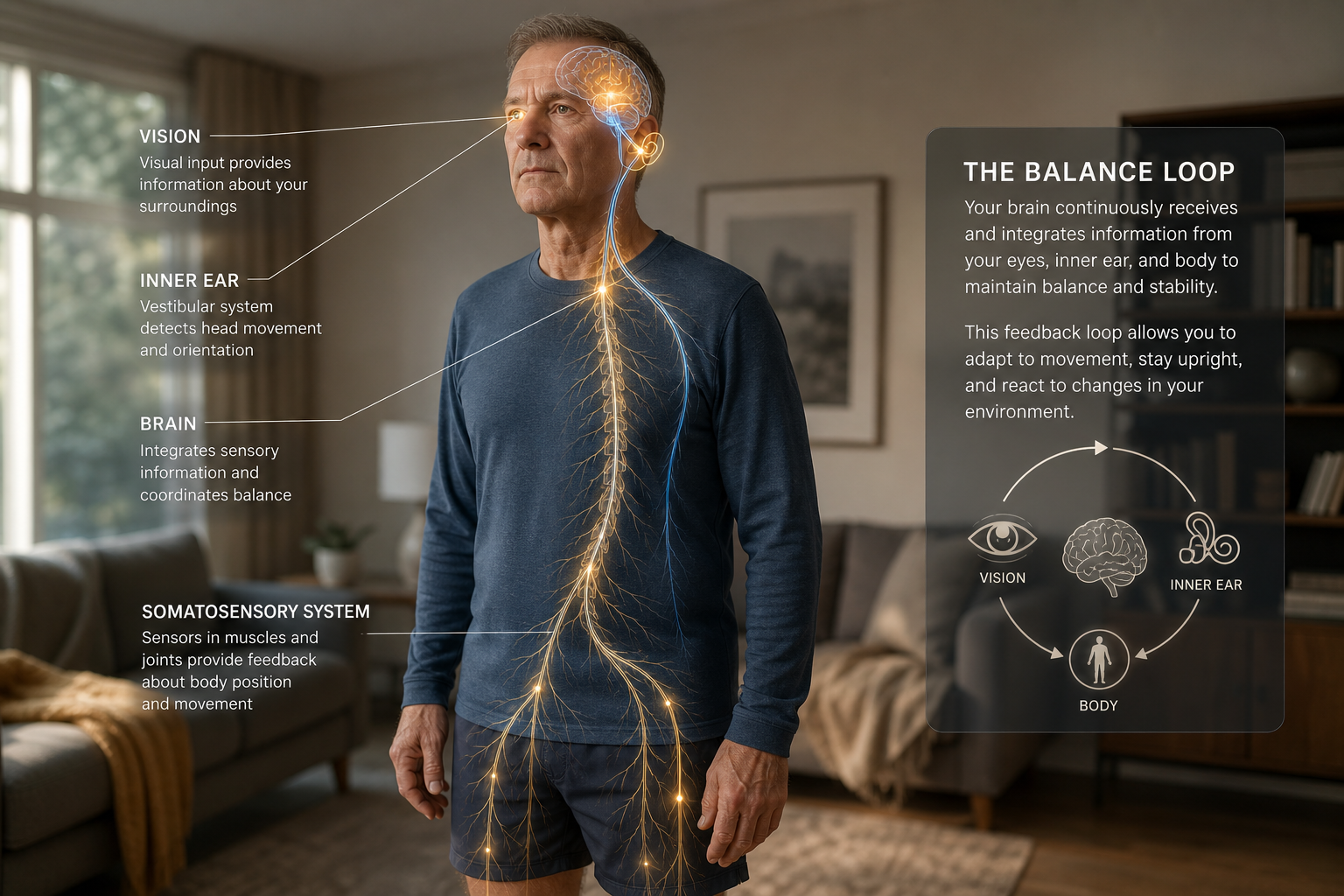 Older adult man standing balanced with visual neural pathway overlay illustrating the brain-vision-balance connection
