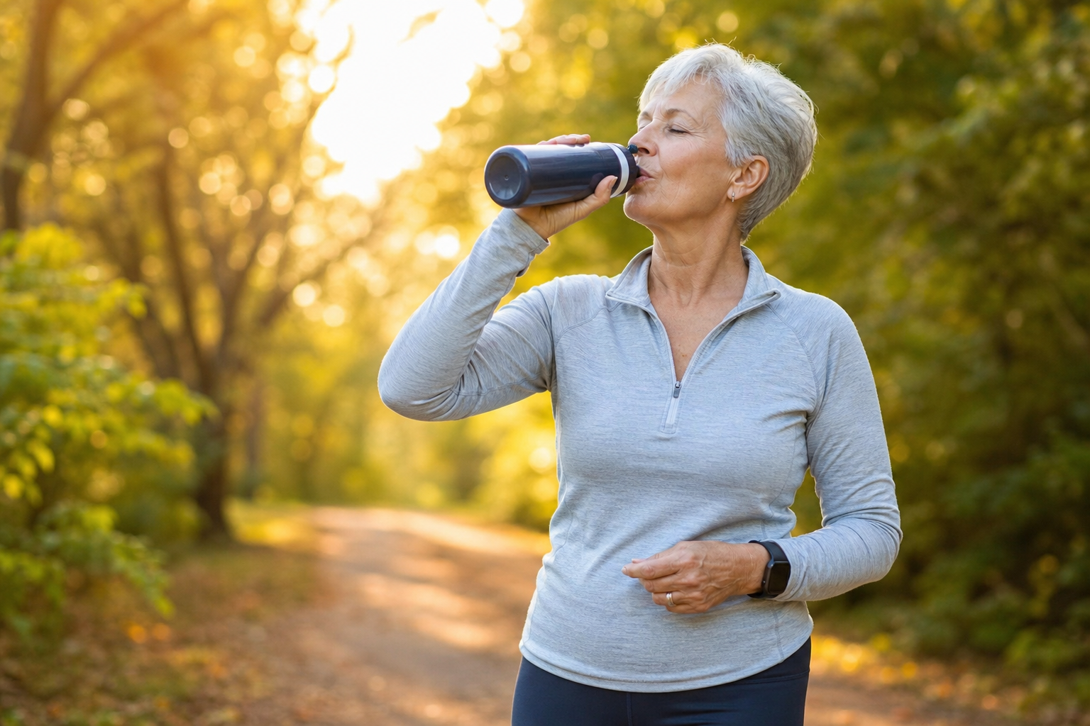 Active senior woman pausing on a walking trail to drink water from a reusable bottle in golden hour sunlight