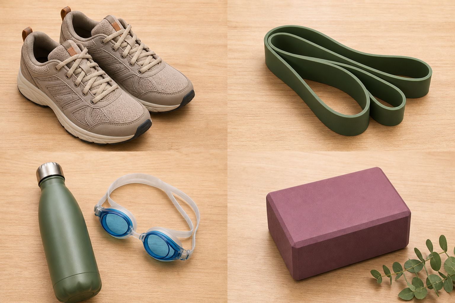 A flat-lay arrangement of four different exercise items representing varied workout options