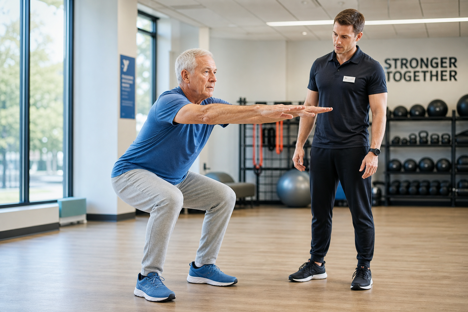 An older man performing a squat exercise with a trainer observing his form in a gym