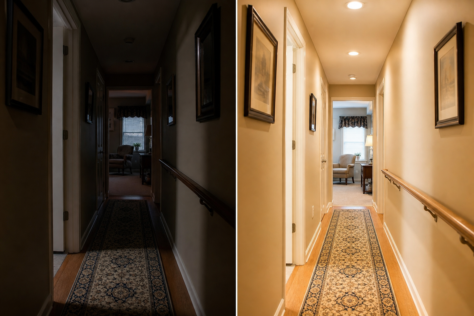 Side-by-side comparison of a dim poorly lit hallway versus a brightly lit safe hallway in a home
