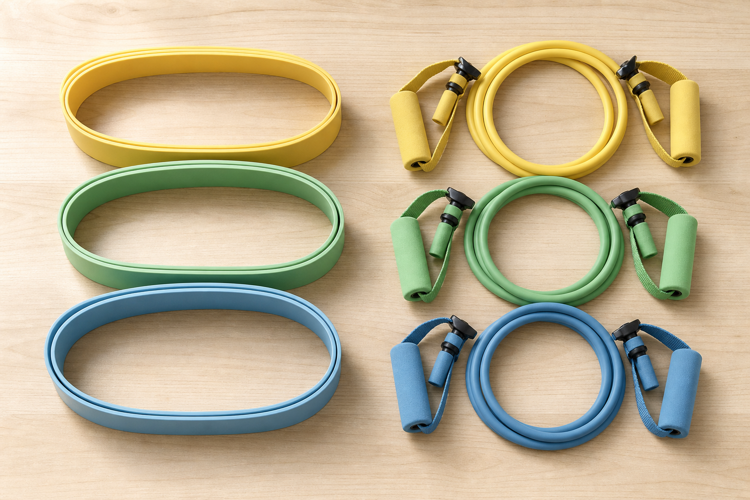 Loop resistance bands and tube resistance bands with handles displayed side by side on a wooden surface
