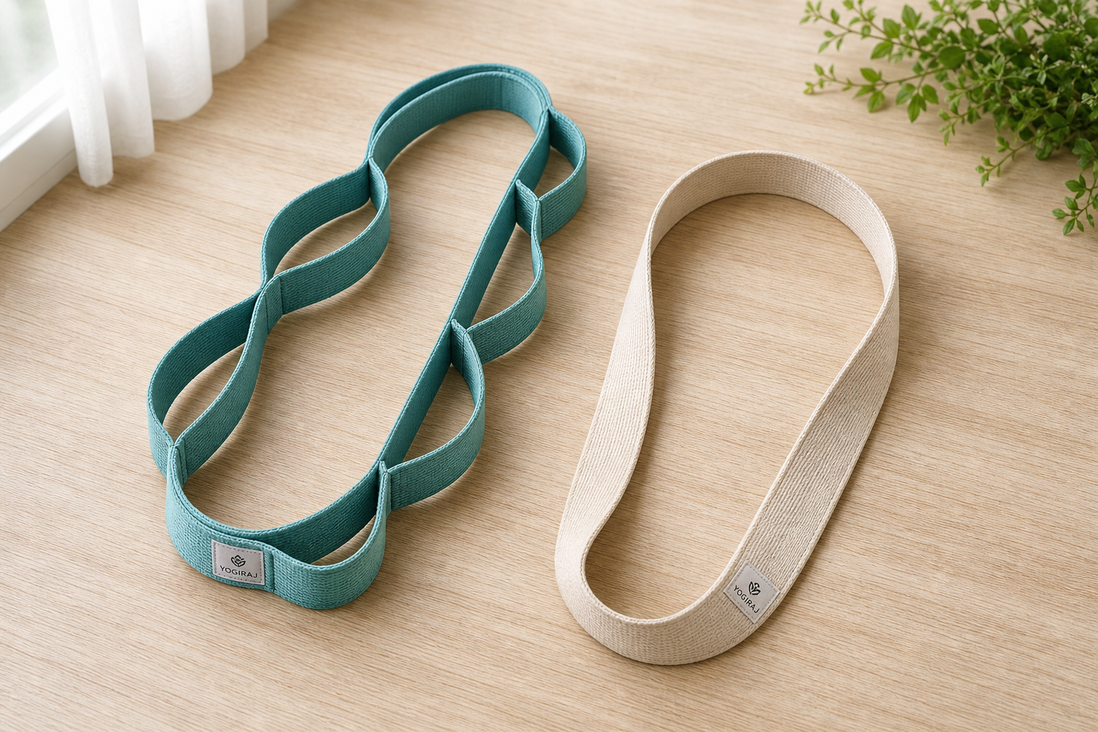 A looped stretching strap and a plain stretching strap placed side by side on a wooden surface