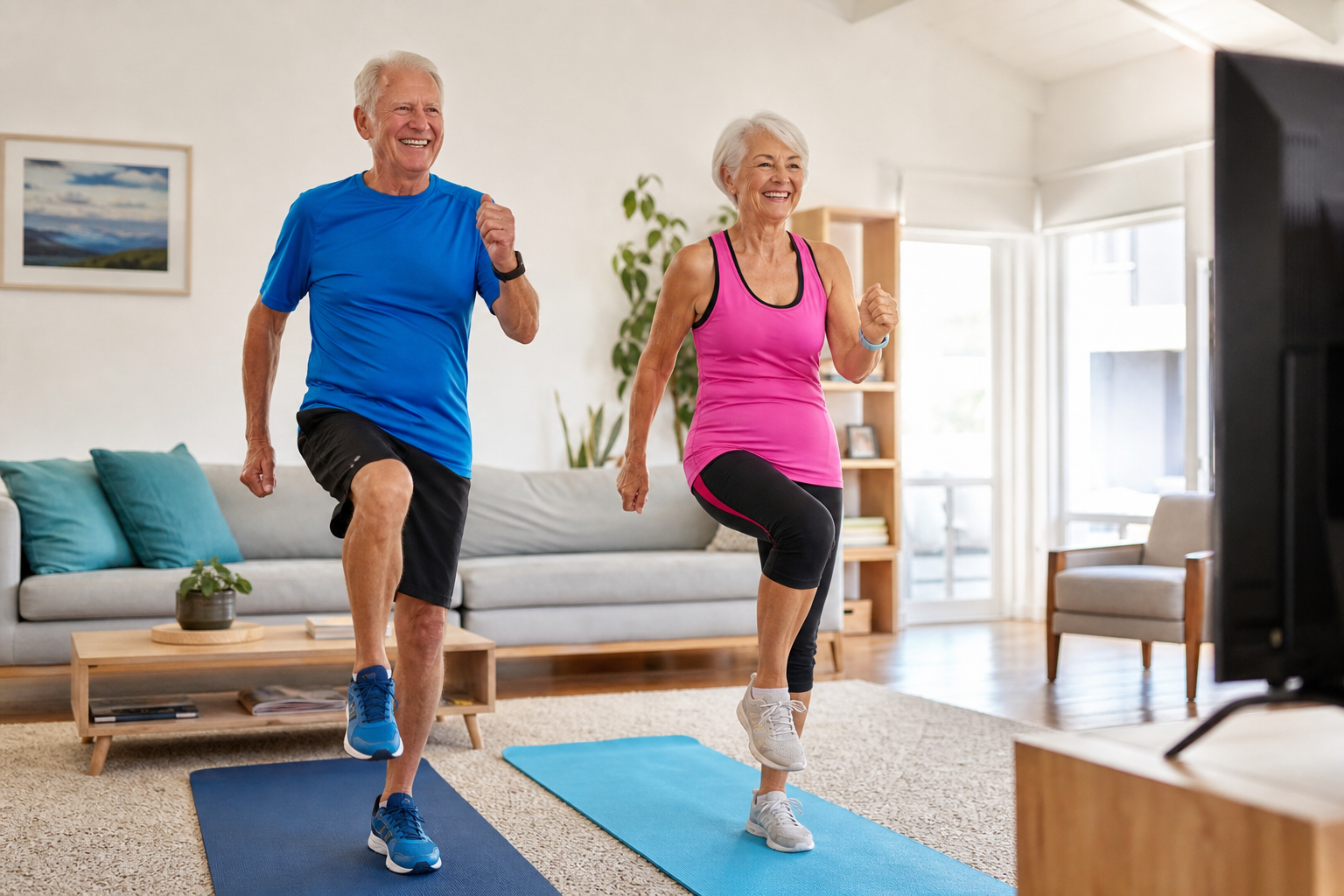 Senior couple doing low-impact marching cardio exercise together at home