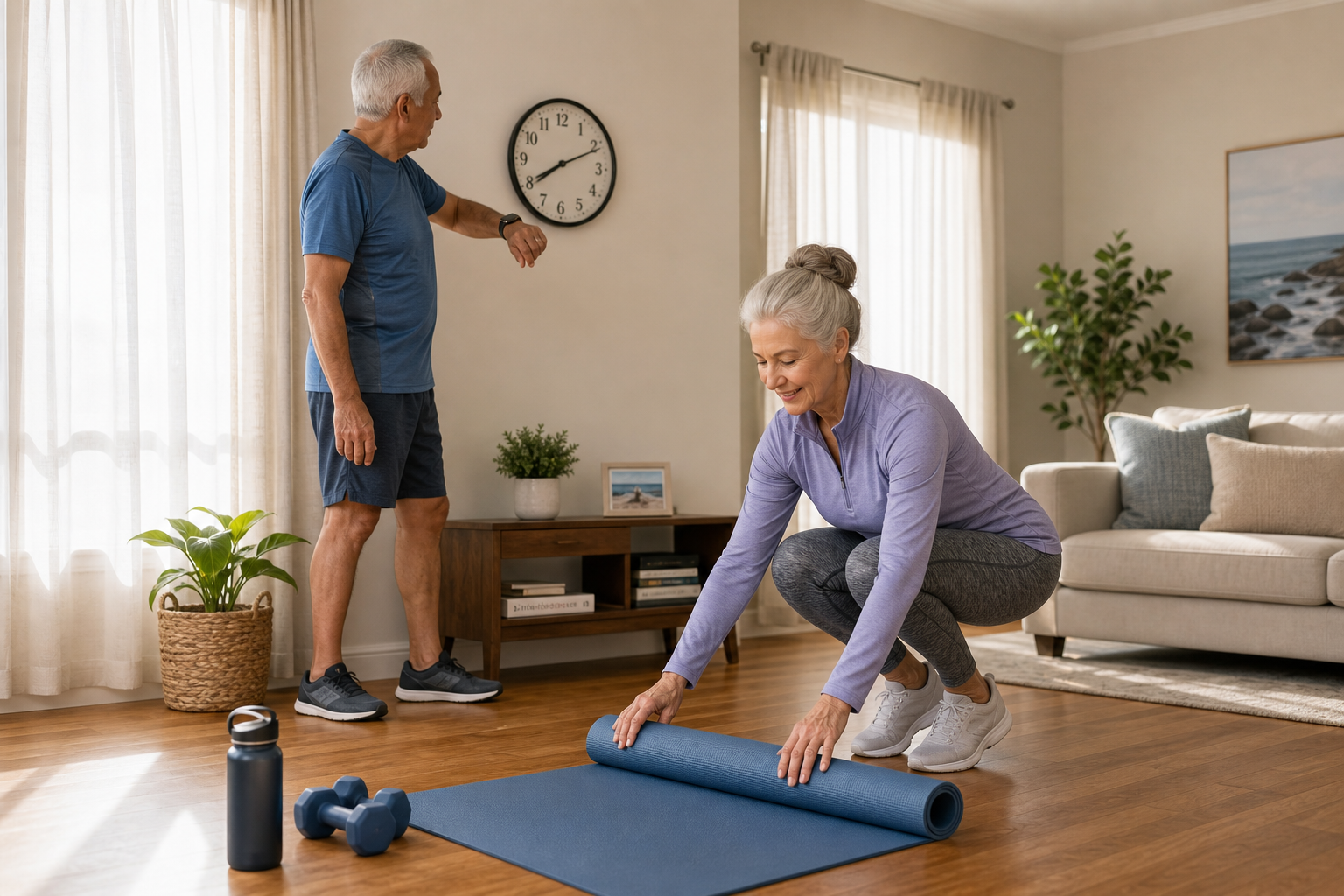 Senior couple preparing their workout space together as part of a daily warm-up habit
