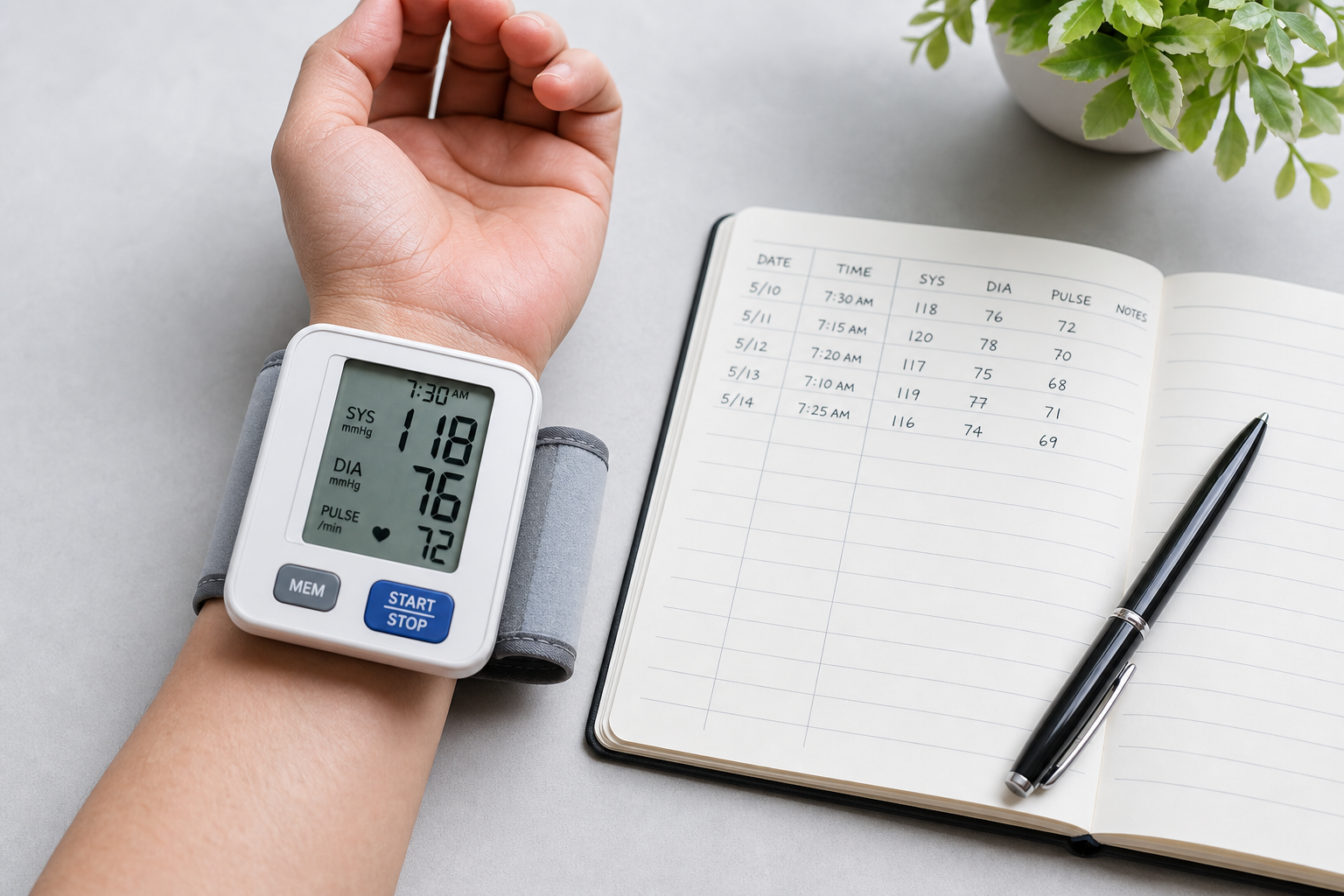 Person wearing a wrist blood pressure monitor next to a notebook for tracking readings