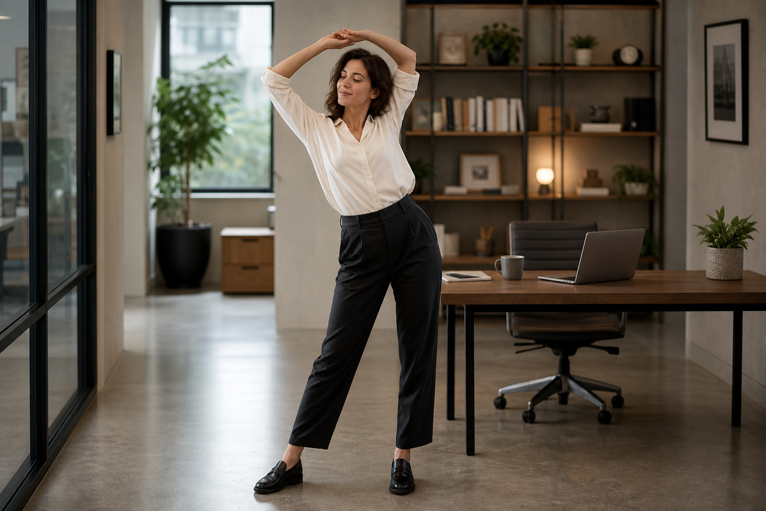 Office worker taking a standing movement break stretching hips beside their desk