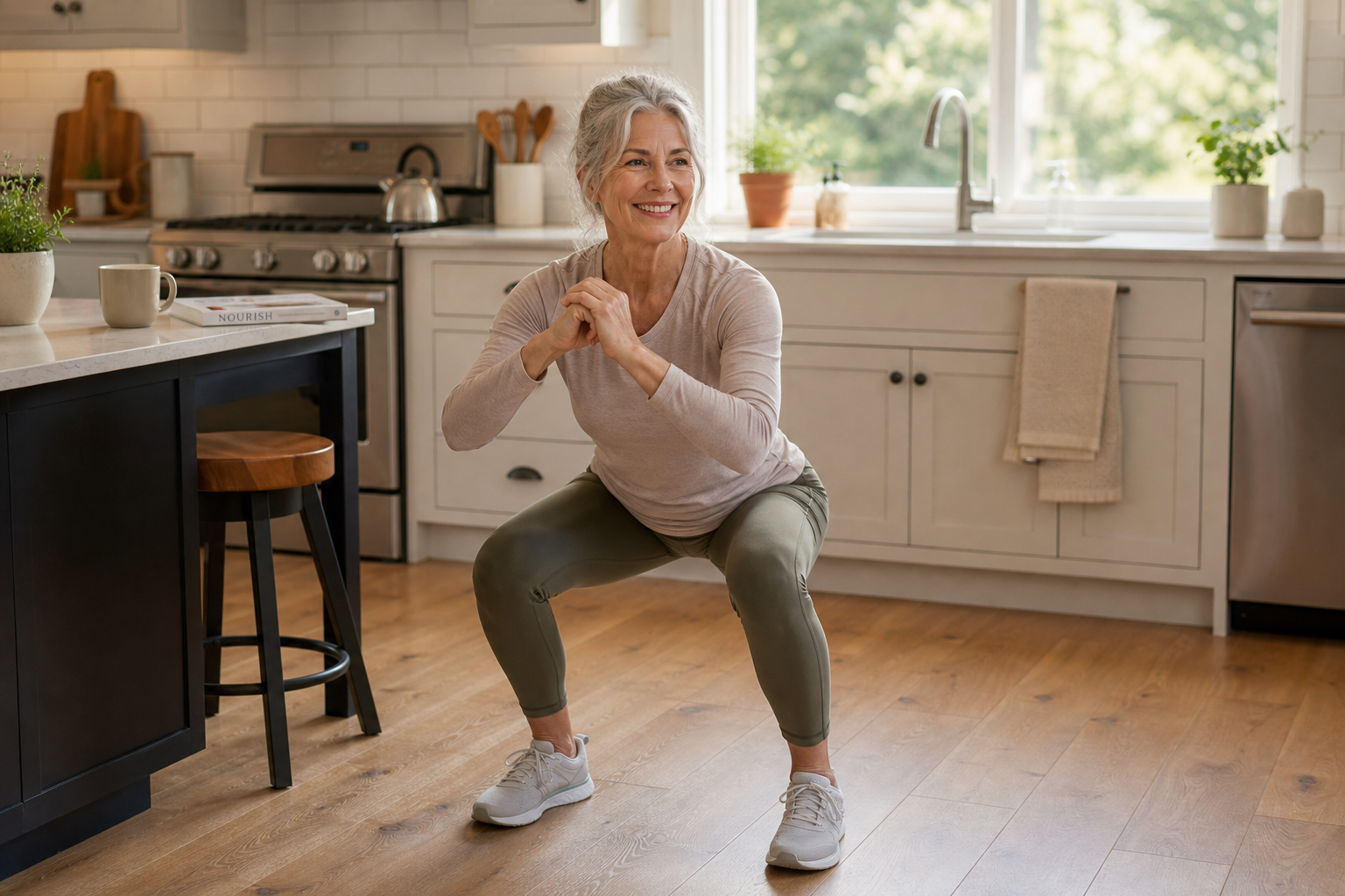 Active older woman doing bodyweight squats in a bright kitchen during a short exercise break