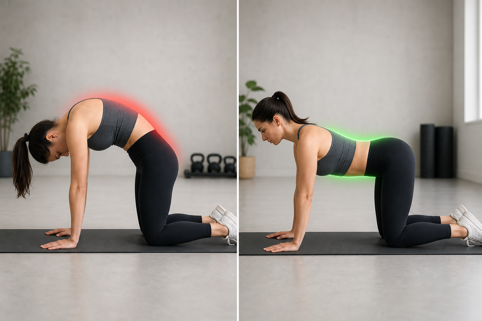 Side-by-side comparison of a risky exercise movement versus a safer modified version for osteoporosis