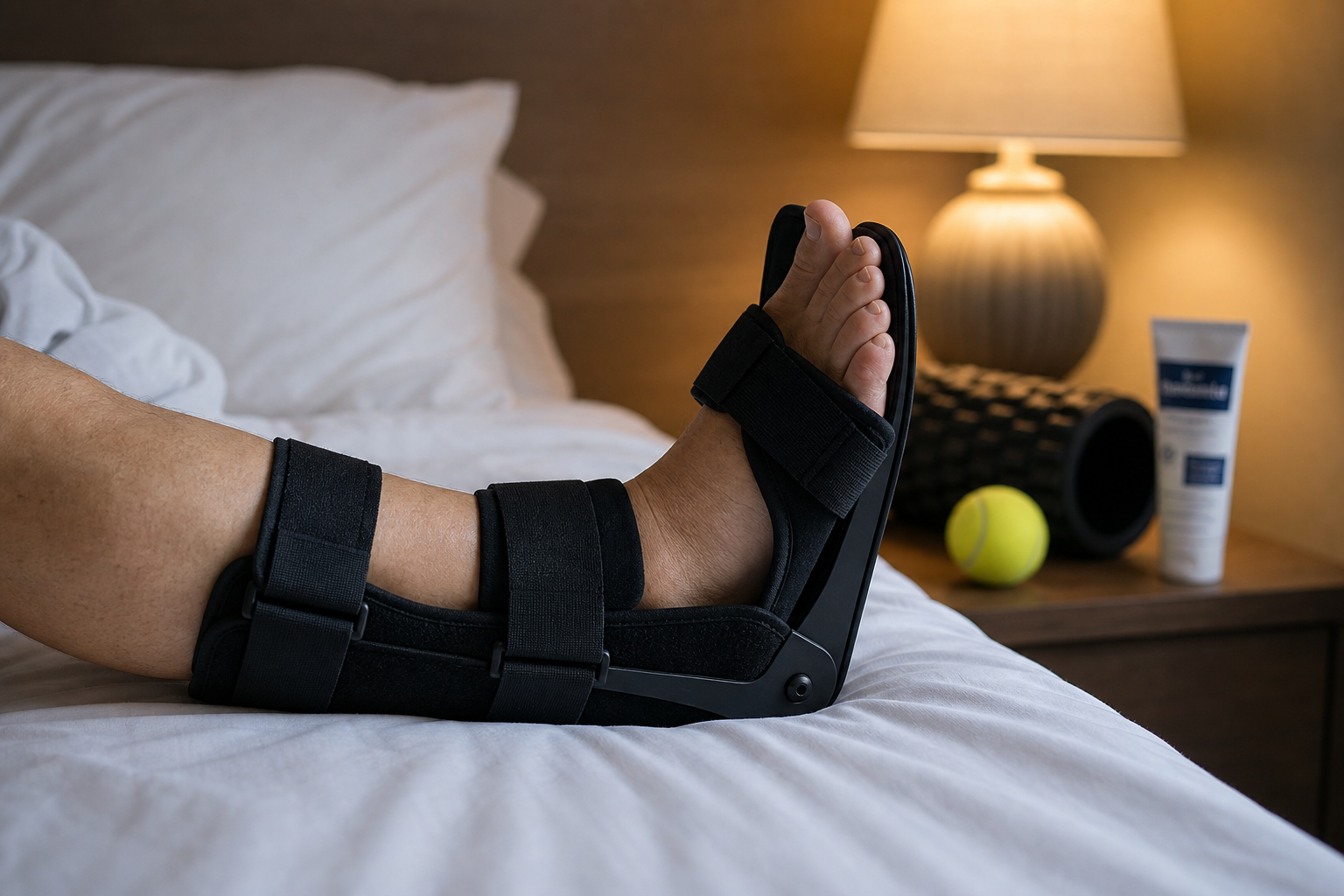 Senior foot wearing a dorsal night splint resting on a bed with recovery tools visible in the background