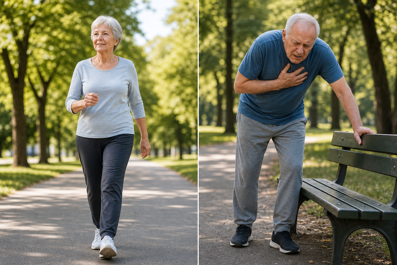 Senior woman walking comfortably versus senior man showing signs of exercise-related breathing distress