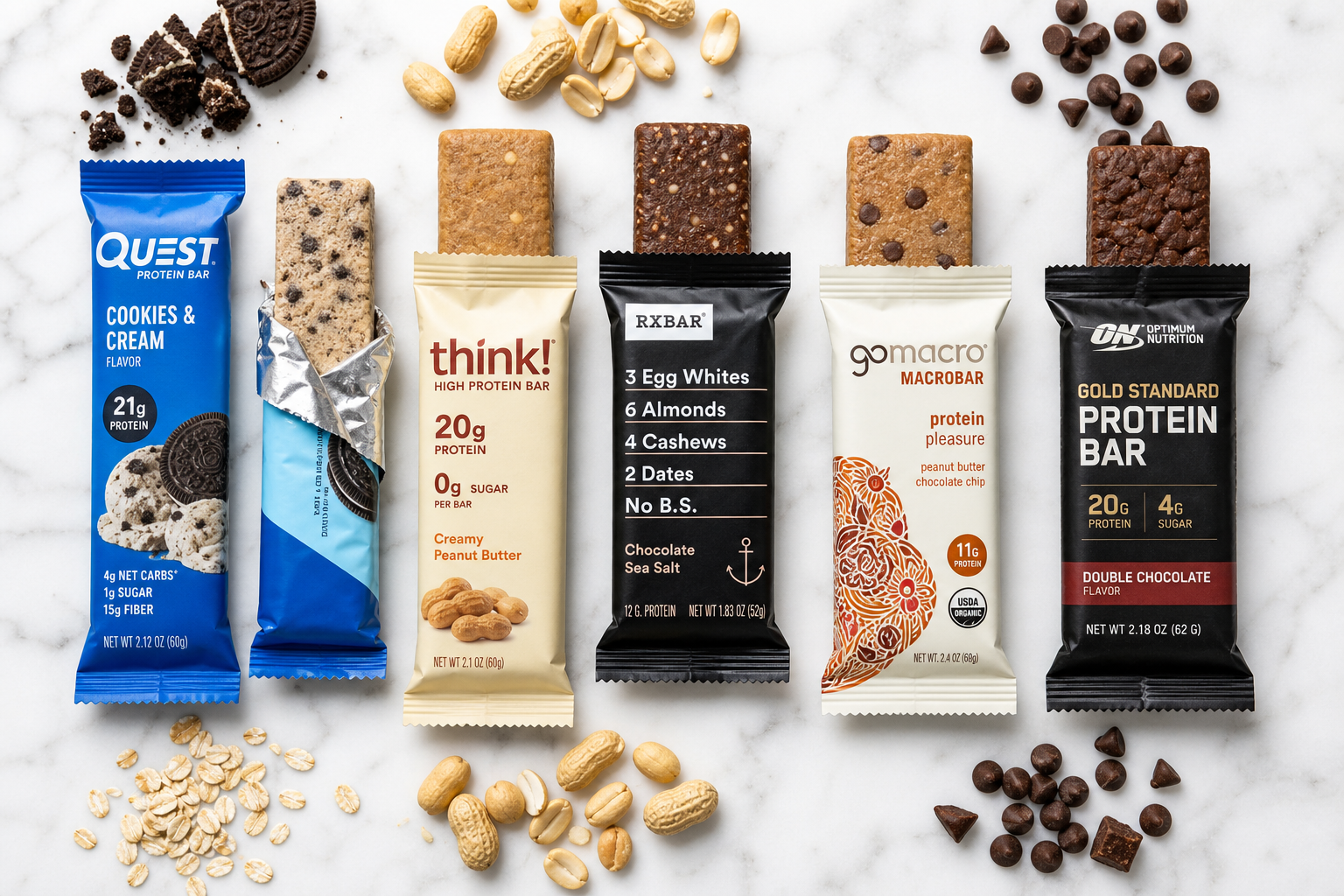 Assorted protein bars arranged on a marble surface with nuts and oats