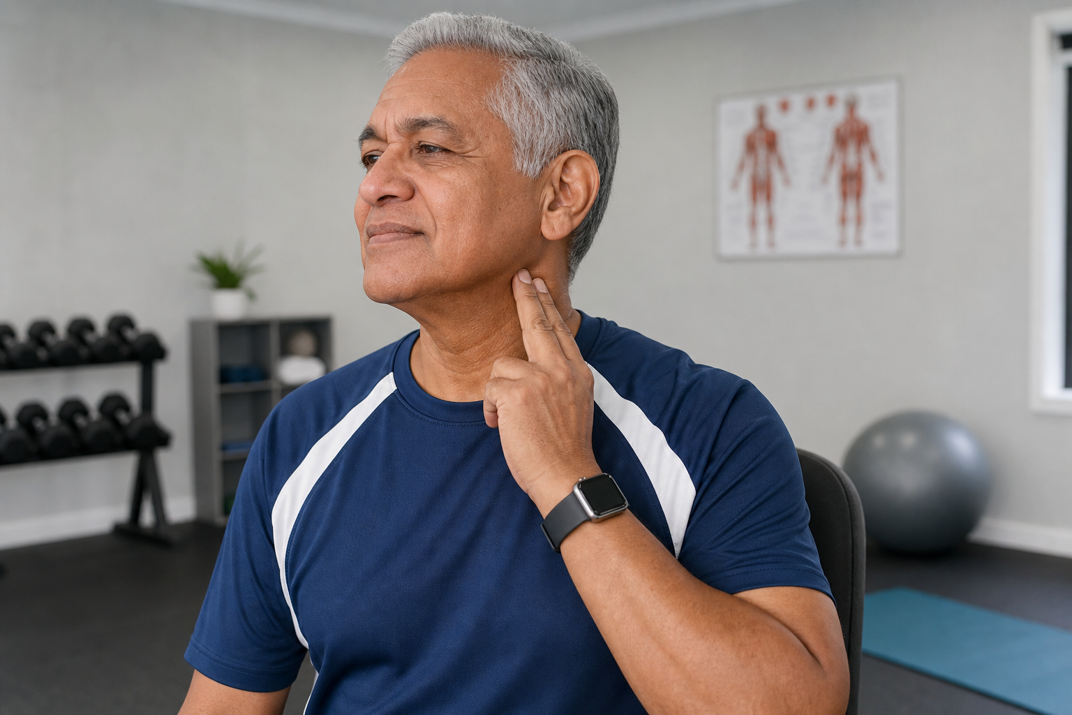 Senior man checking his pulse while seated during a cardio workout