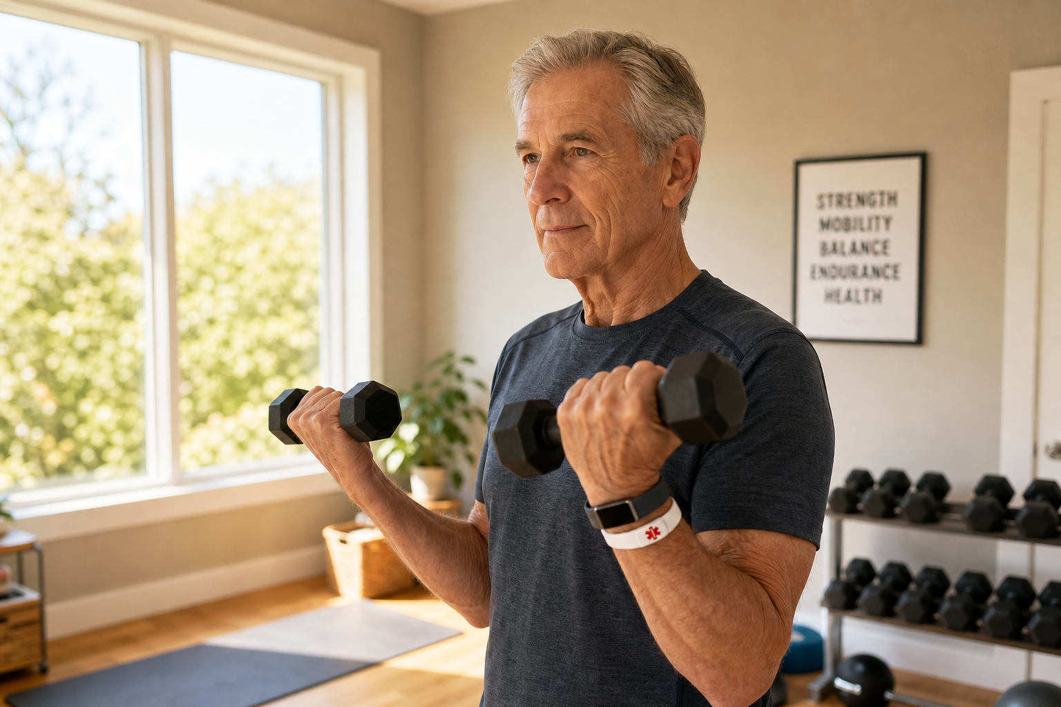 Senior man exercising with dumbbells at home while wearing a medical alert wristband