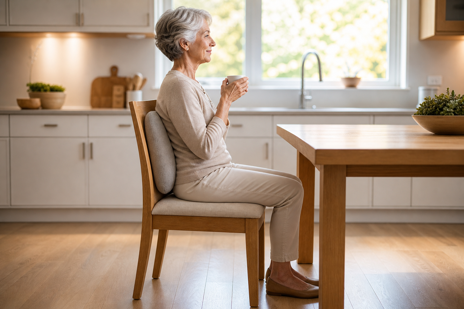 Senior woman sitting with proper posture and lumbar support at a kitchen table