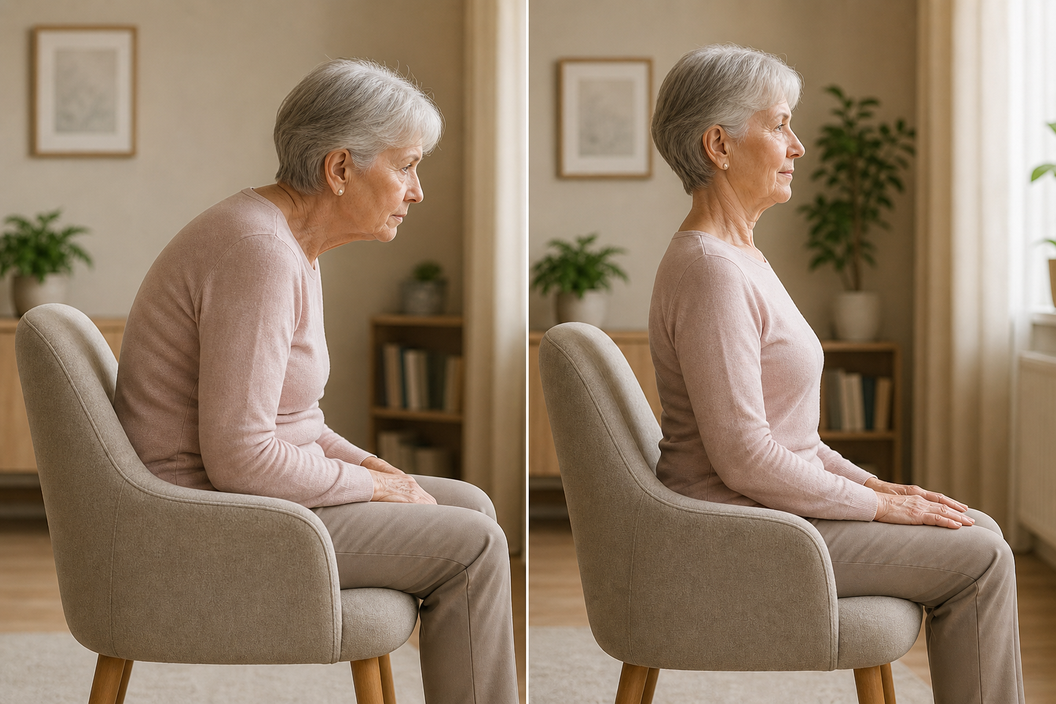 Elderly woman demonstrating poor versus correct seated posture from a side view