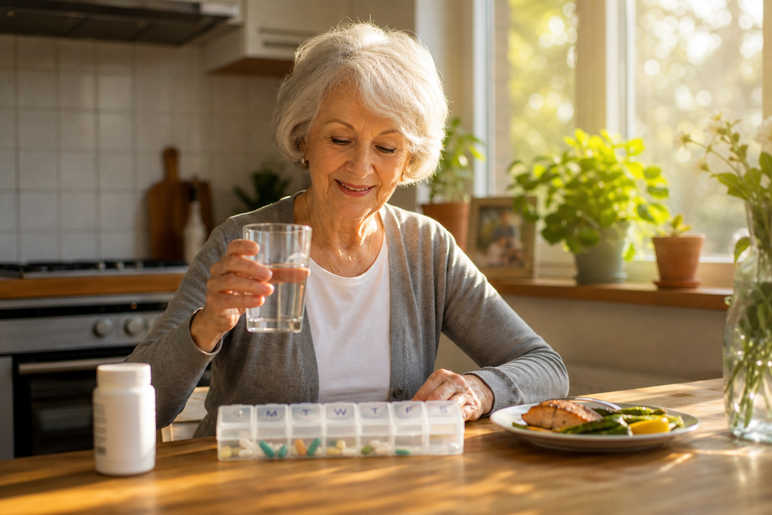 A senior woman sitting at a sunny kitchen table with a glass of water, a pill organizer, and a salmon meal in the background