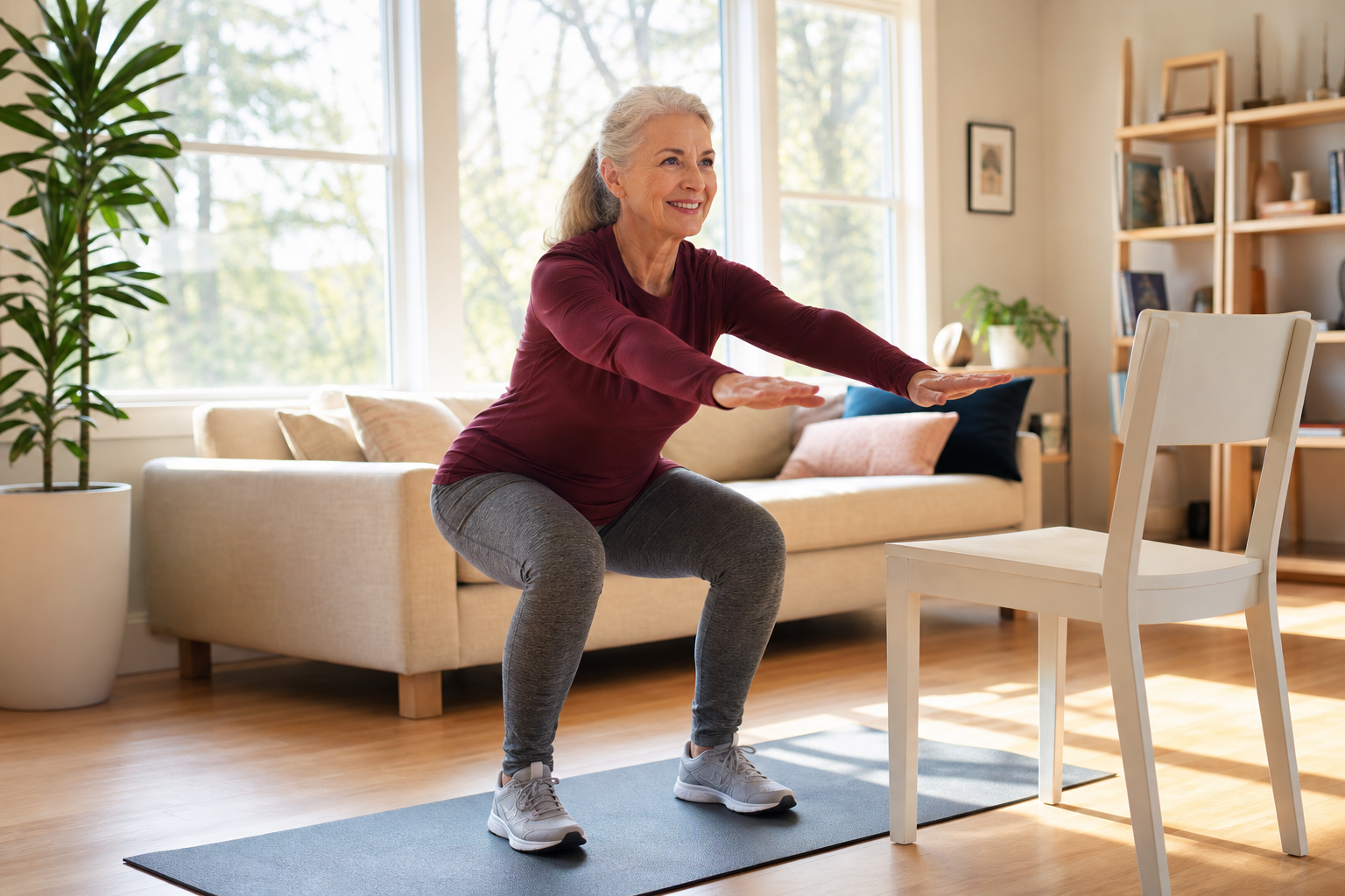 Senior woman performing a beginner bodyweight squat at home in a bright living room, demonstrating an accessible starting point for strength training