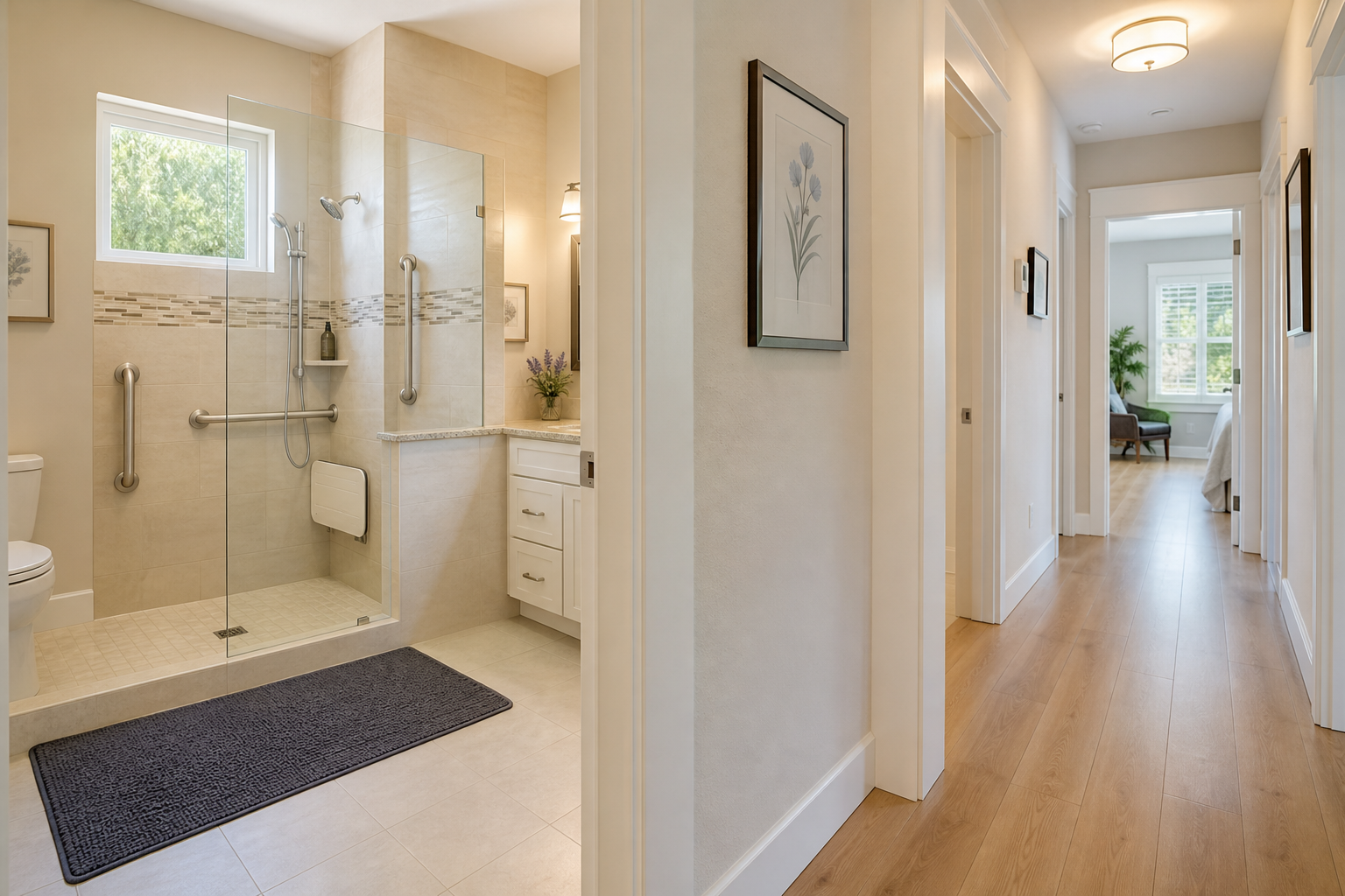 Senior-friendly bathroom and hallway with grab bars, non-slip mat, and clear uncluttered flooring for fall prevention
