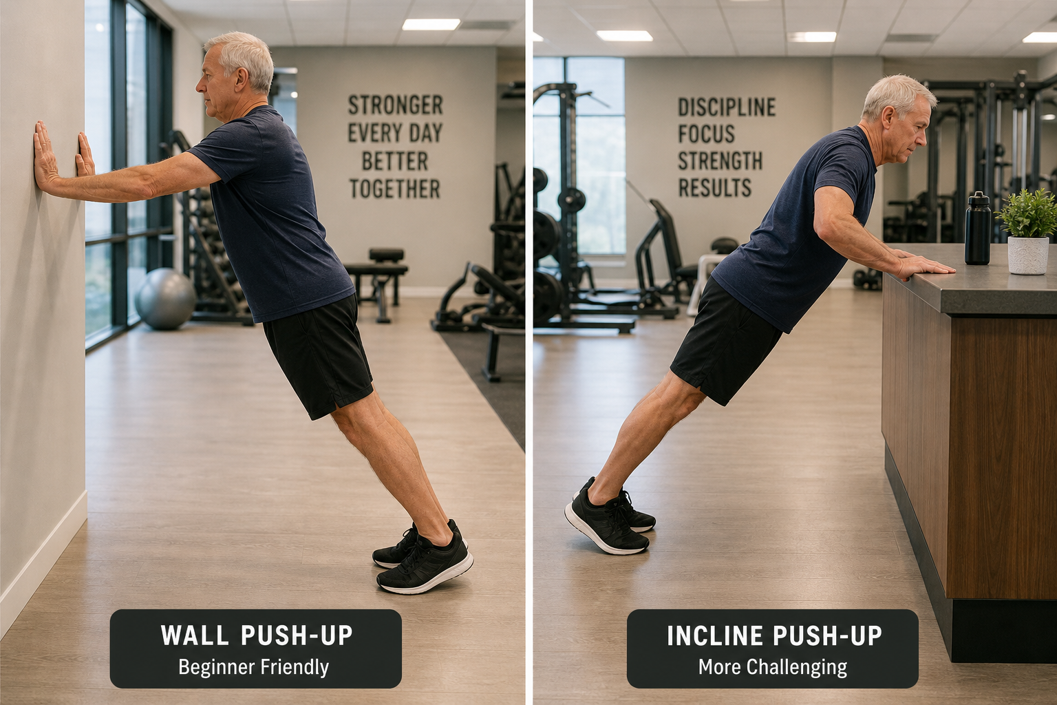 Two senior men demonstrating beginner and intermediate wall push-up variations side by side