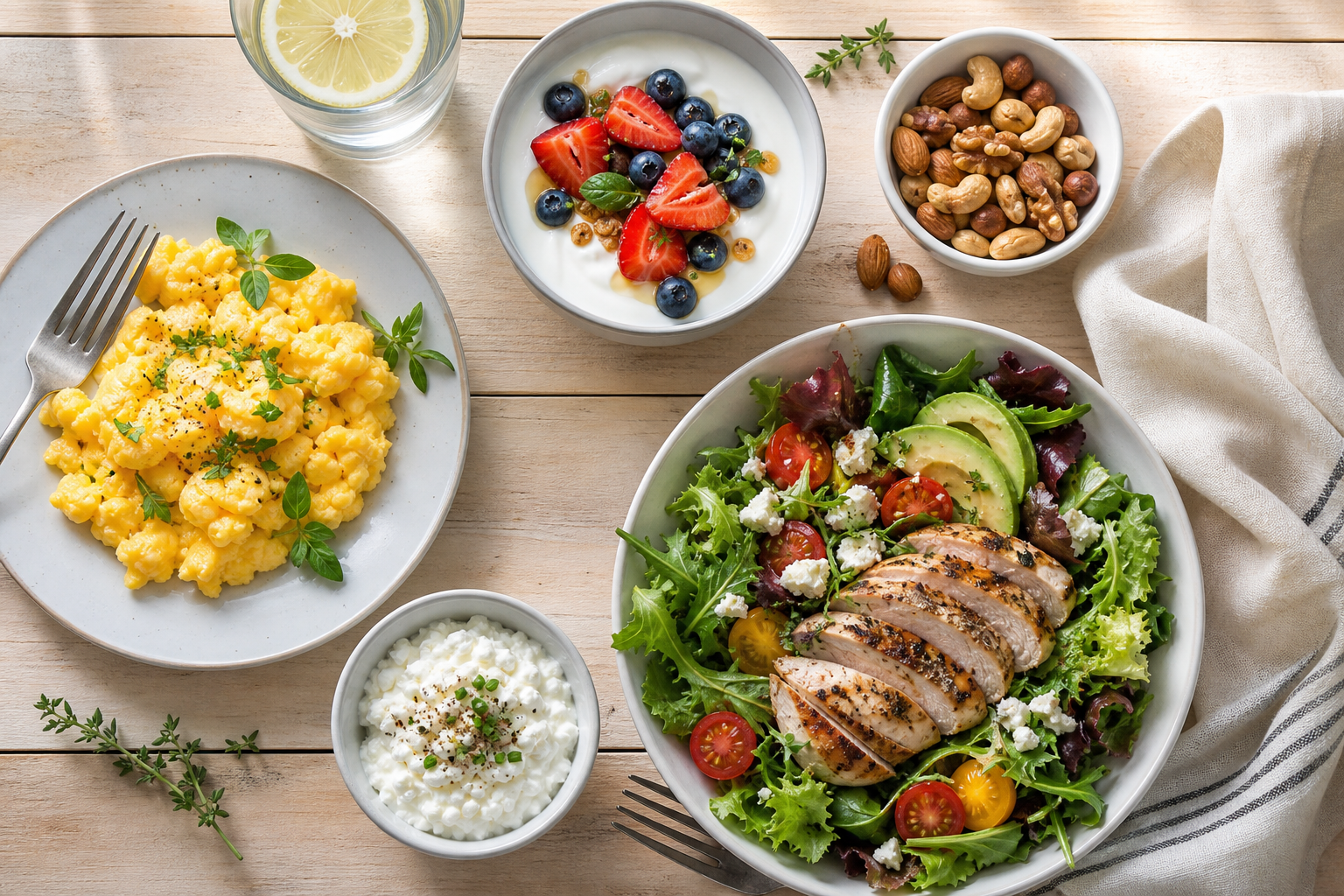 Overhead view of protein-rich meals including eggs, Greek yogurt, grilled chicken salad, and nuts on a wooden table