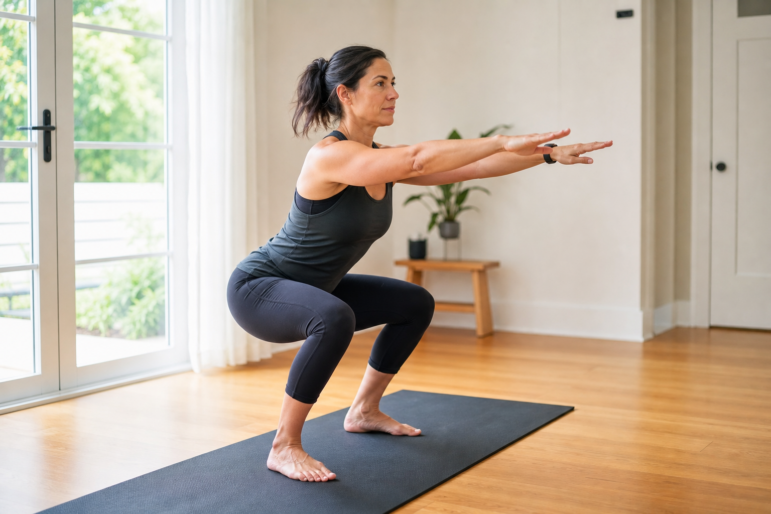 Person performing a bodyweight squat exercise with proper form on a yoga mat in a bright home gym