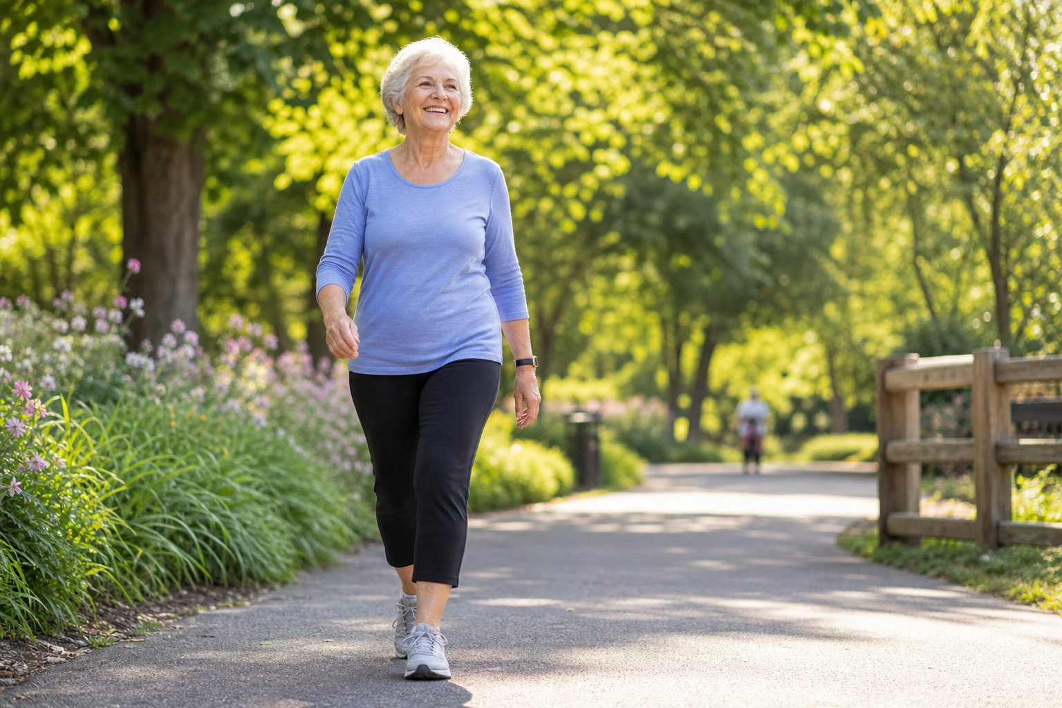 Elderly woman walking on a sunny park path as part of a daily step goal routine