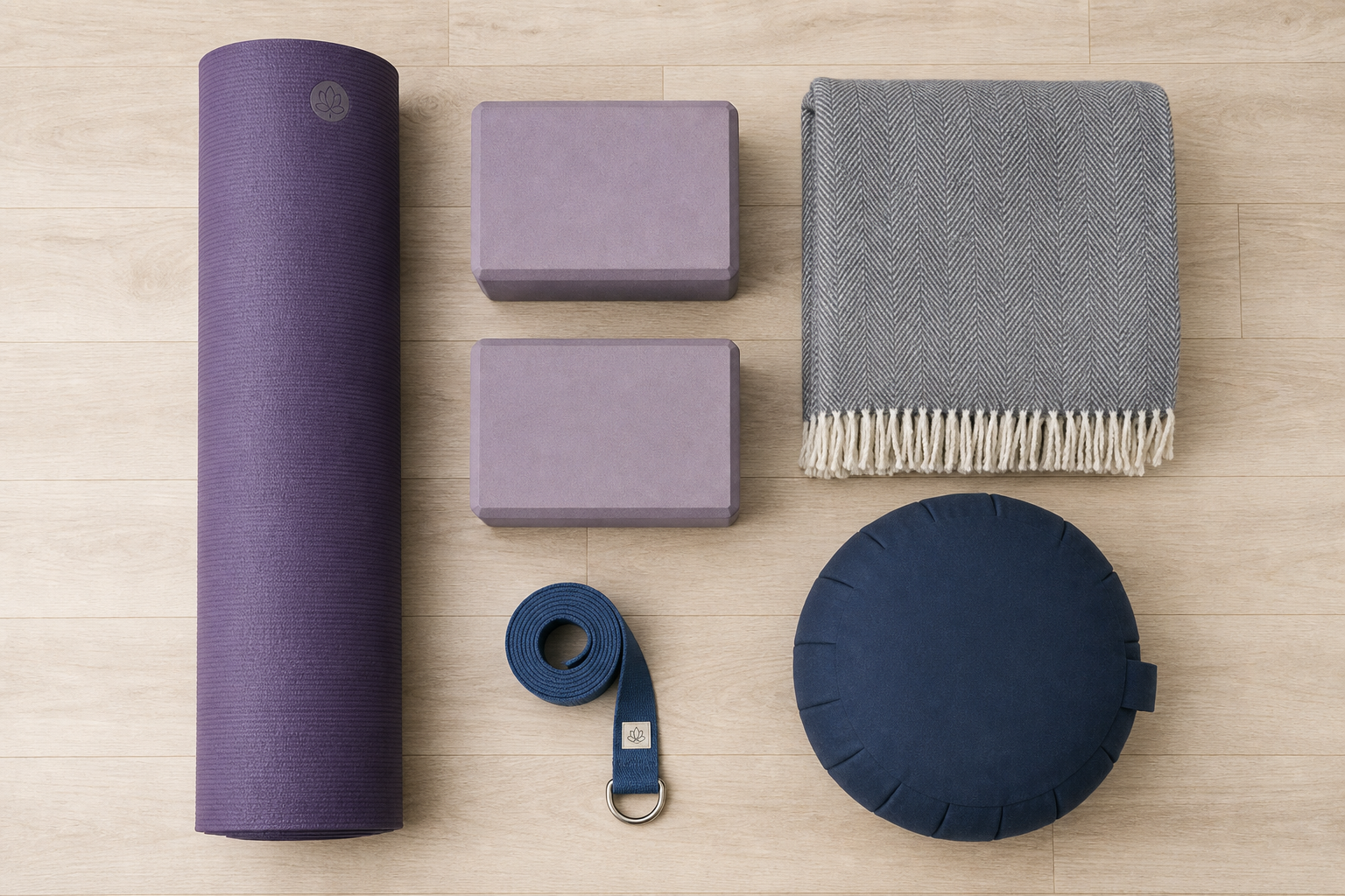 Yoga props including a mat, blocks, strap, bolster, and blanket arranged neatly on a wooden floor