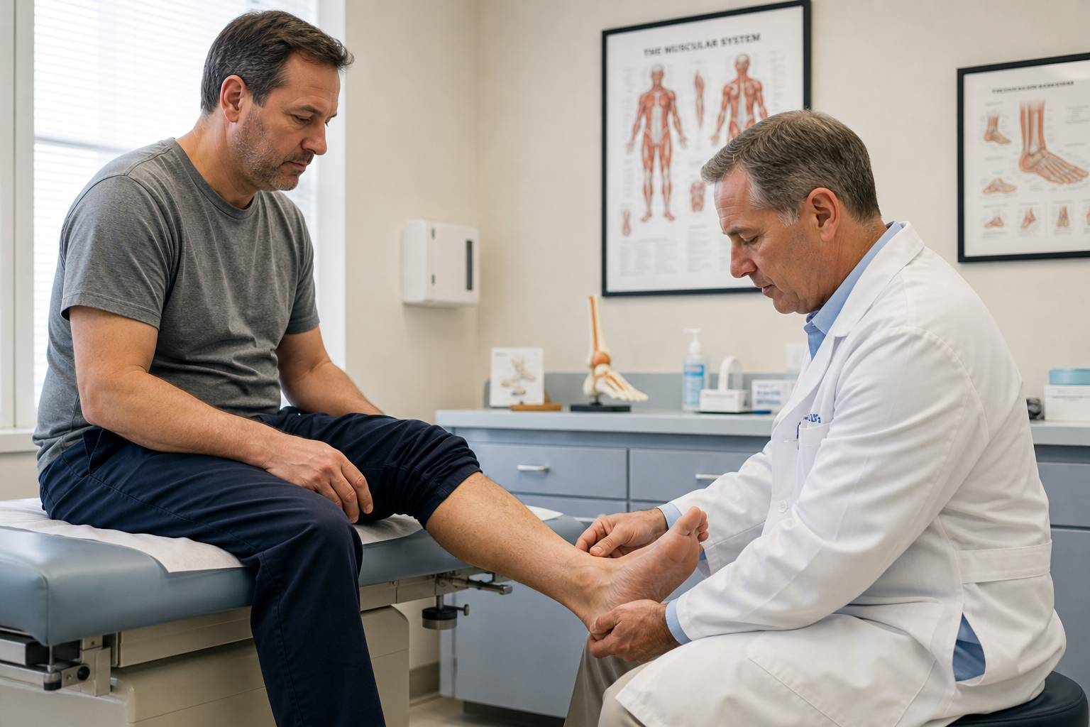 Doctor examining a patient's foot and lower leg in a medical office setting