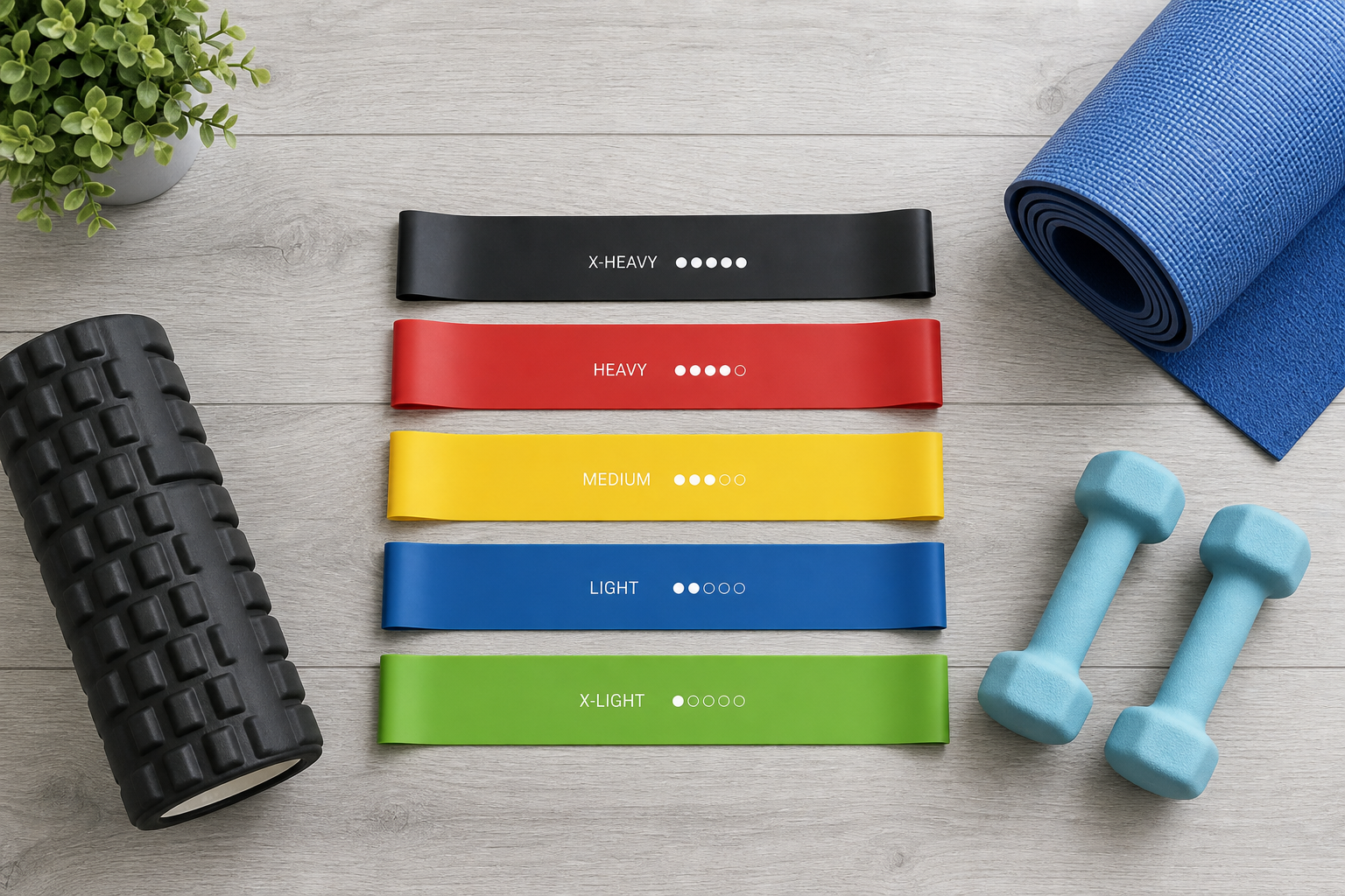 Flat lay of resistance bands, foam roller, dumbbells, and yoga mat on a light grey surface