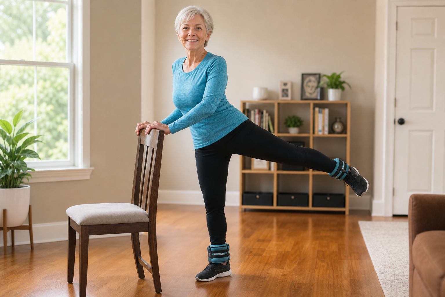 Senior woman doing a standing leg lift exercise with ankle weights while holding a chair for support