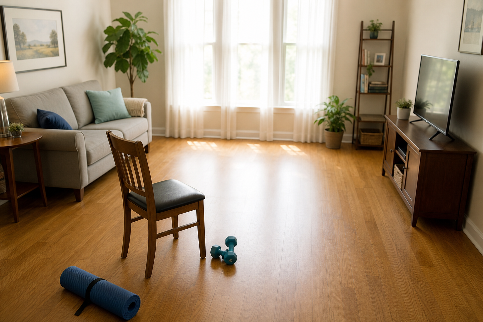 A clear, clutter-free living room space set up safely for balance exercises with a supportive chair nearby