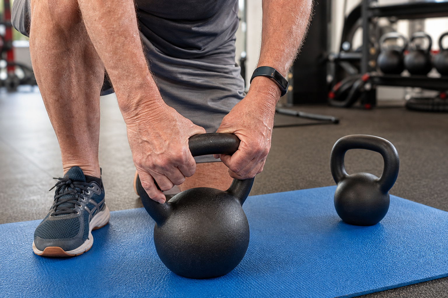 Older adult man carefully checking his grip on a kettlebell before exercise, emphasizing safe lifting technique