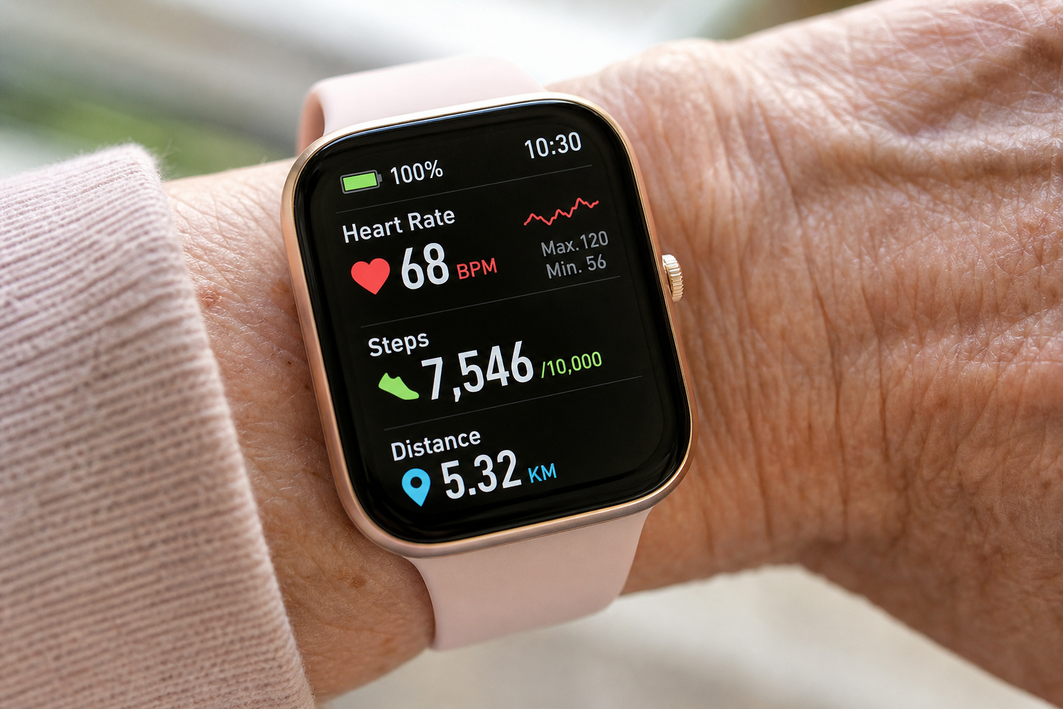 Close-up of a smartwatch with a large clear display on an elderly woman's wrist