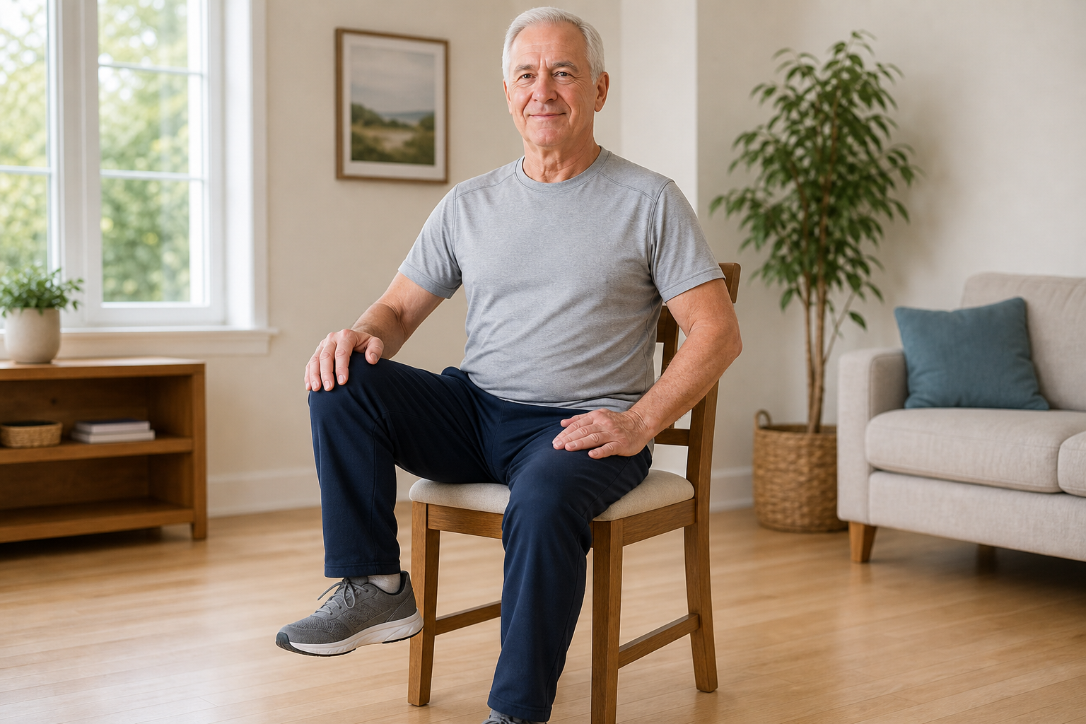 Elderly man performing a seated hip mobility exercise on a chair at home