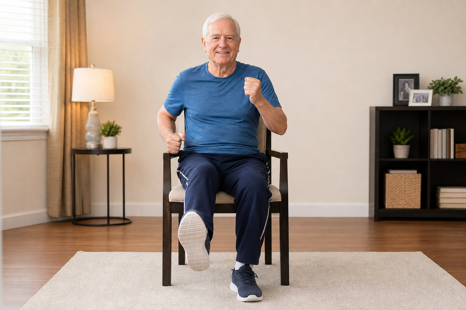 Elderly man doing seated cardio exercises on a chair at home