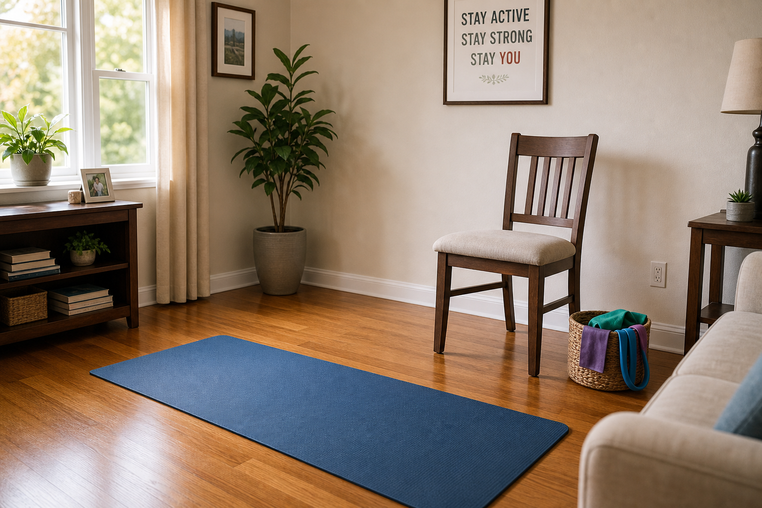 Safe home balance training area with a sturdy chair, non-slip mat, and resistance bands in a clean living room