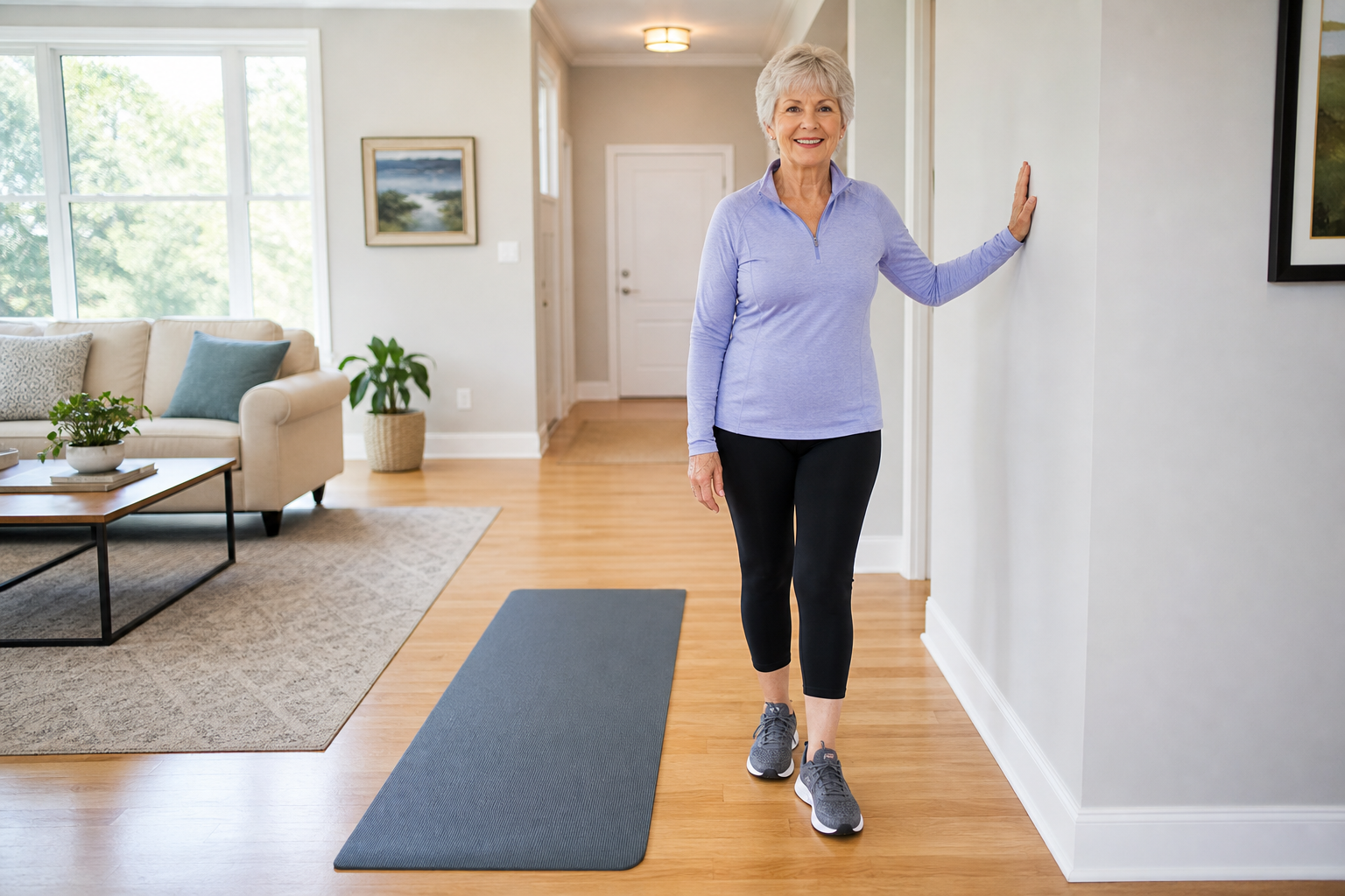 Senior woman standing near a wall in a clear, safe indoor space preparing to practice balance walking