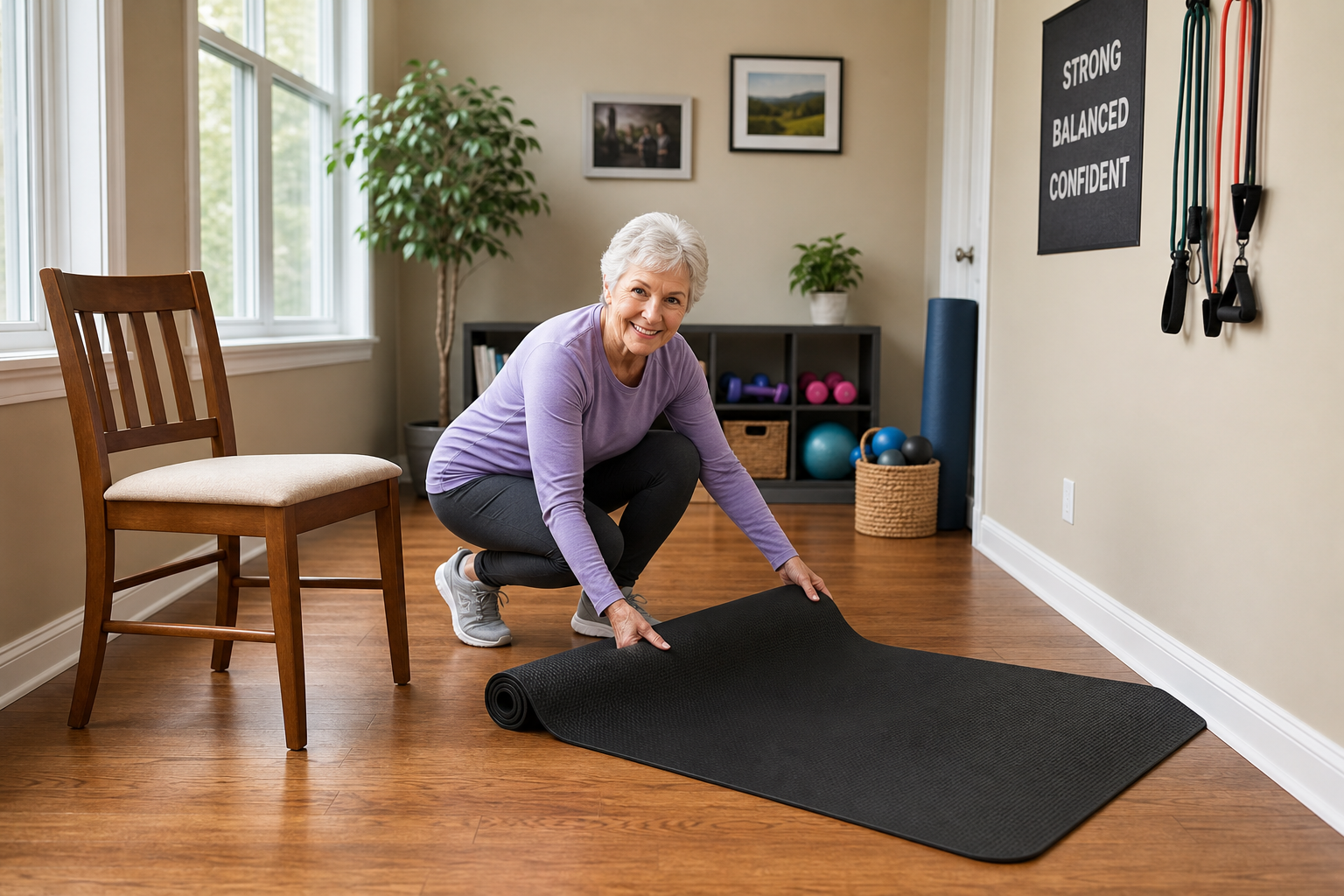Senior woman setting up a safe home gym space with a non-slip mat and a sturdy chair for balance support in a bright living room
