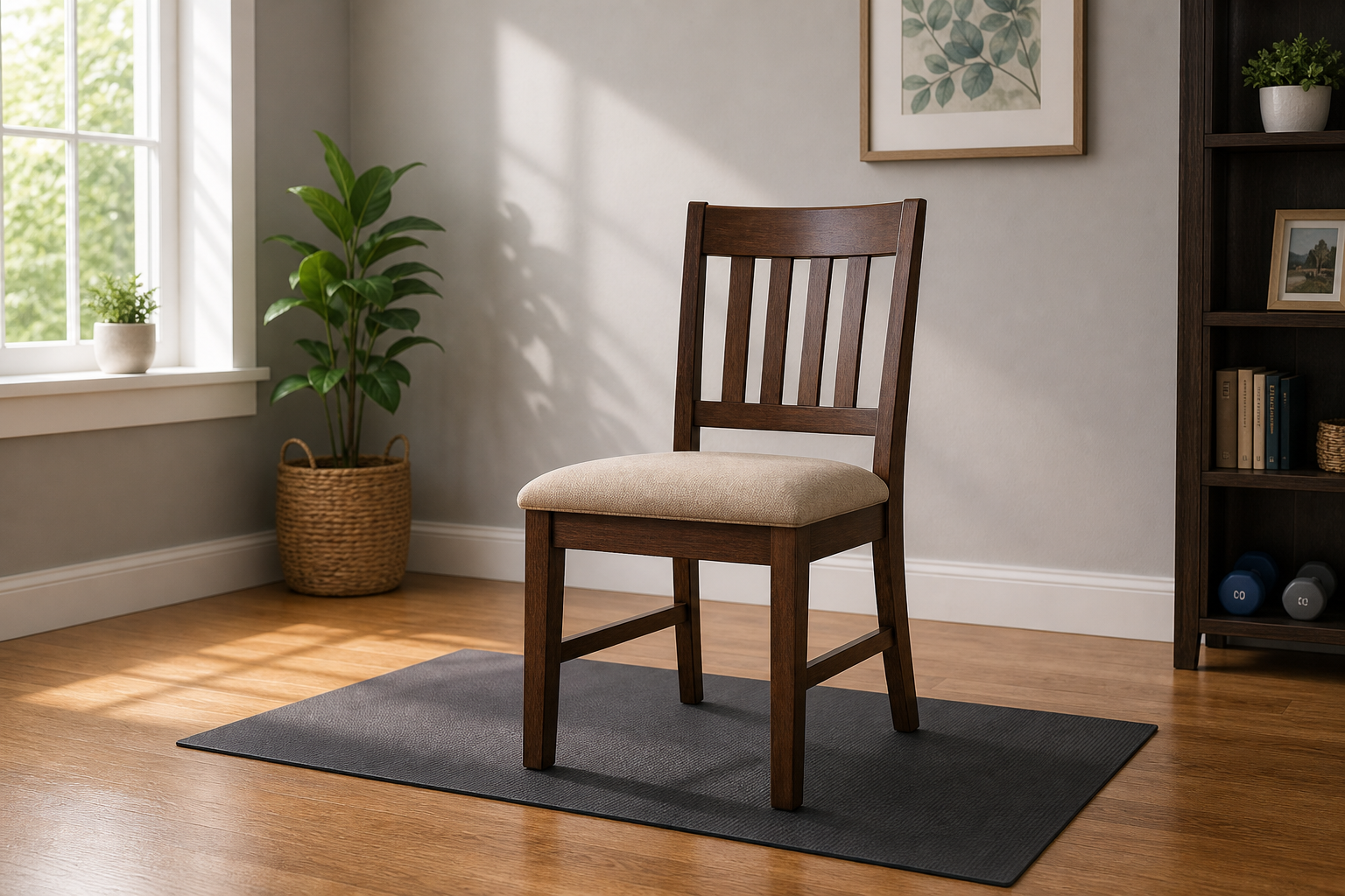 A sturdy armless chair placed on a non-slip mat in a clear open living room space