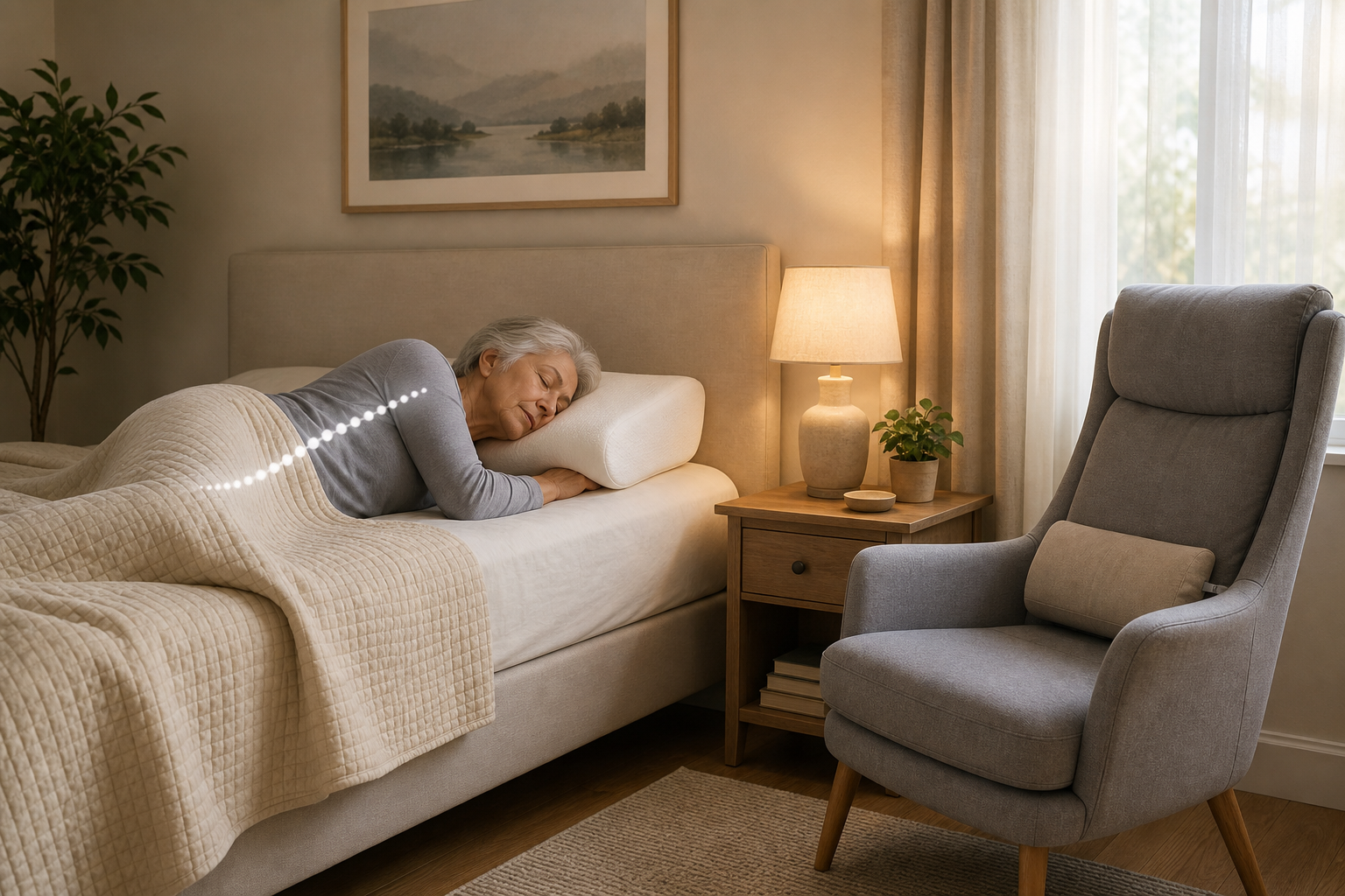Ergonomic bedroom setup showing a supportive pillow on a bed and a properly cushioned chair for seniors