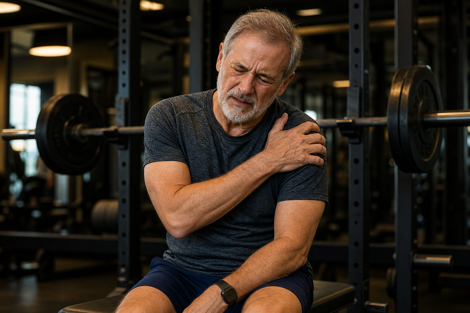 Senior man sitting in gym holding his shoulder showing signs of overexertion