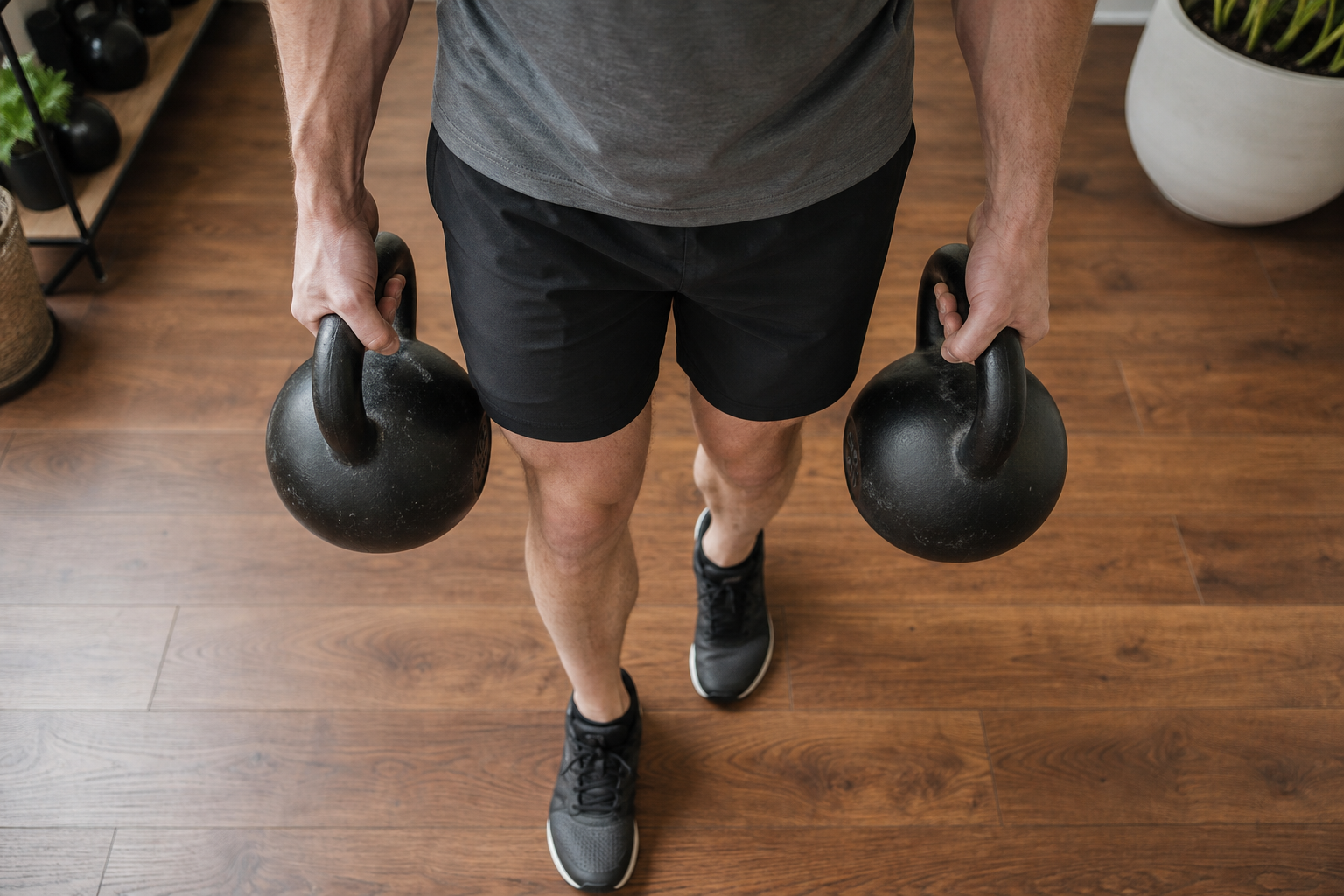 Hands gripping heavy kettlebells during a farmer's carry grip strength exercise