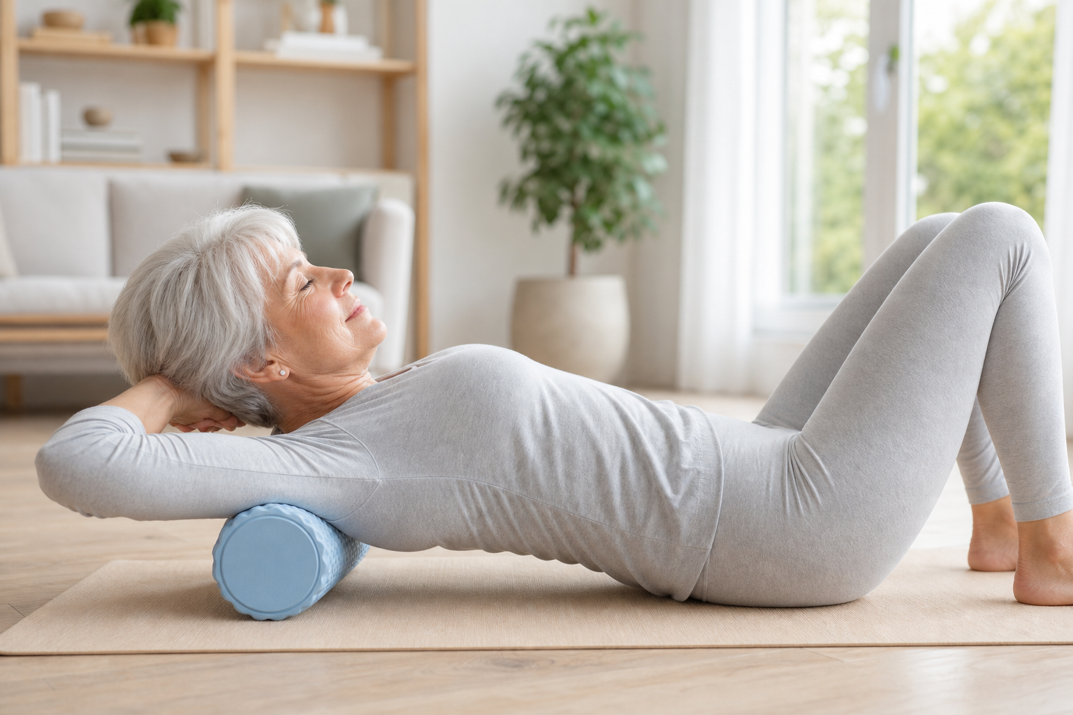 Senior woman using a soft foam roller on her back while lying on a yoga mat