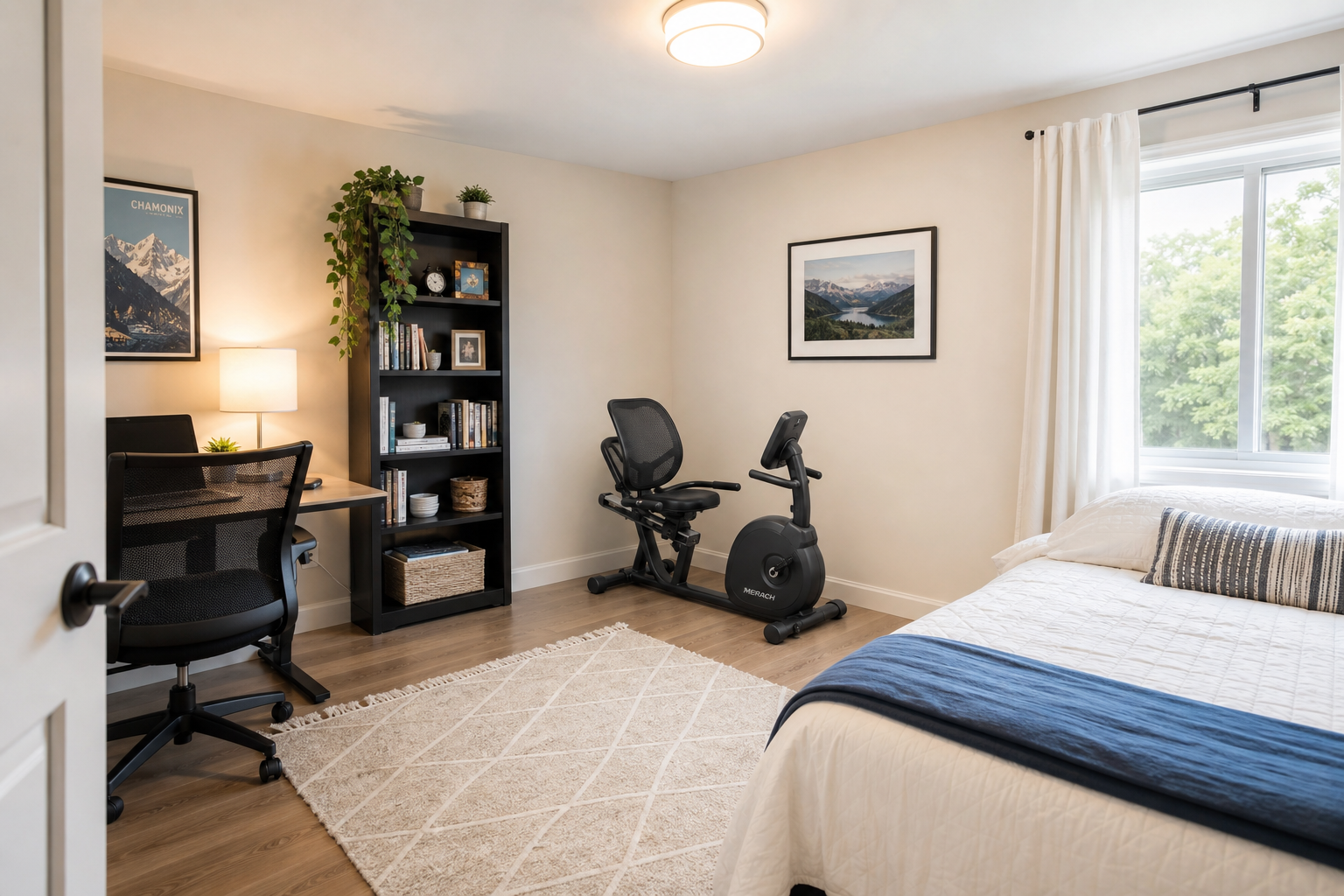 Compact recumbent exercise bike fitting neatly in a small home room corner