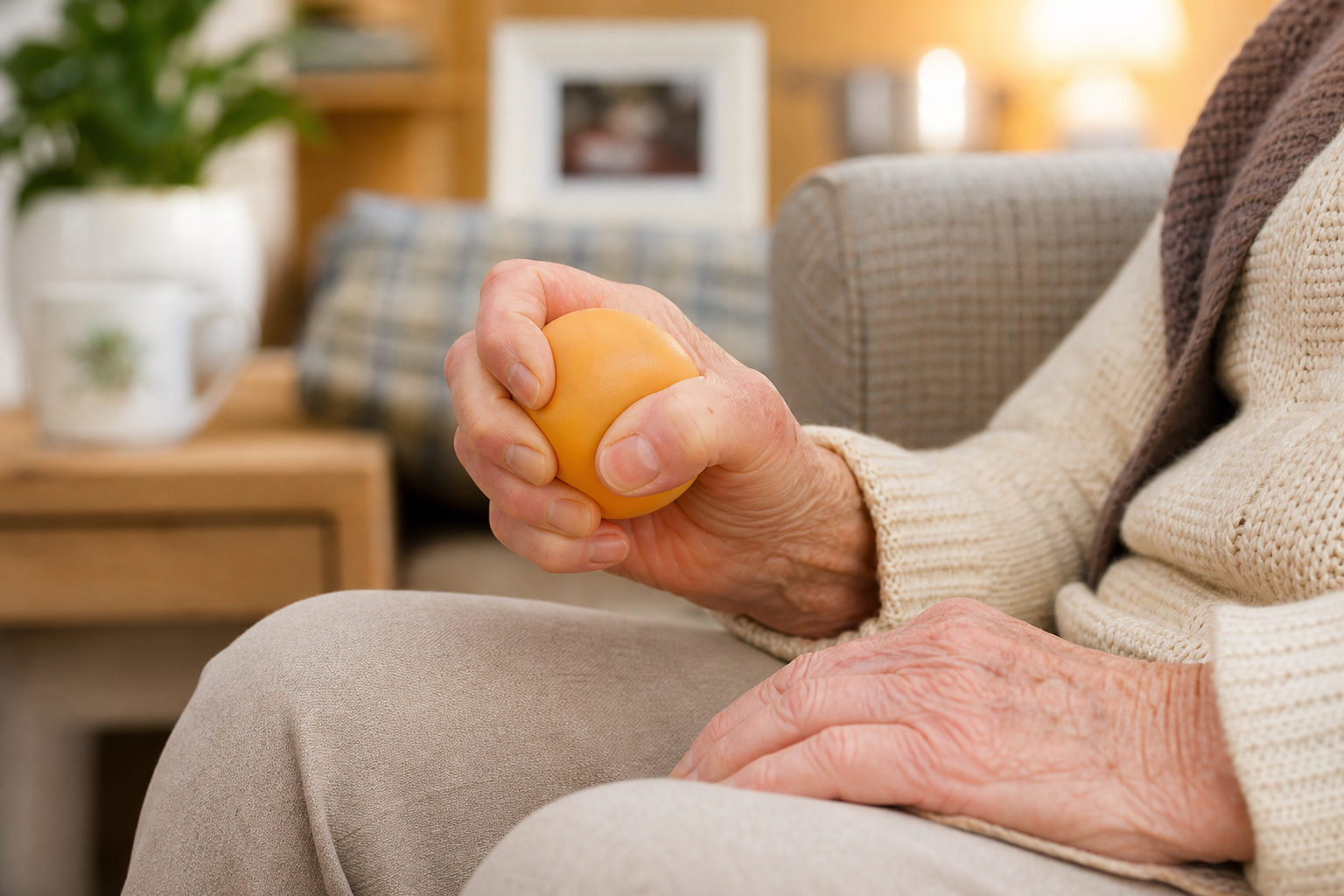 Senior hands squeezing a soft rubber ball for circulation and daily hand exercise
